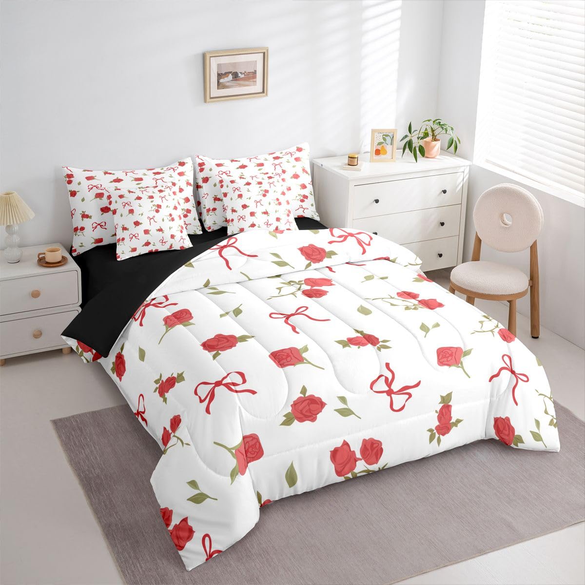 Erosebridal Kawaii Bowknot Full Comforter Set 7 Pieces,Coquette Bows Bed in A Bag,Preppy Princess Bedding Set with Comforters, Sheets, Pillowcases Fantasy Aesthetic Bedroom Decor
