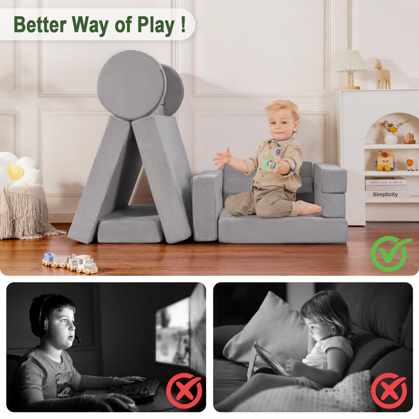 Kids Play Couch 15PCS, Modular Foam Sofa, Convertible Kids Play Set