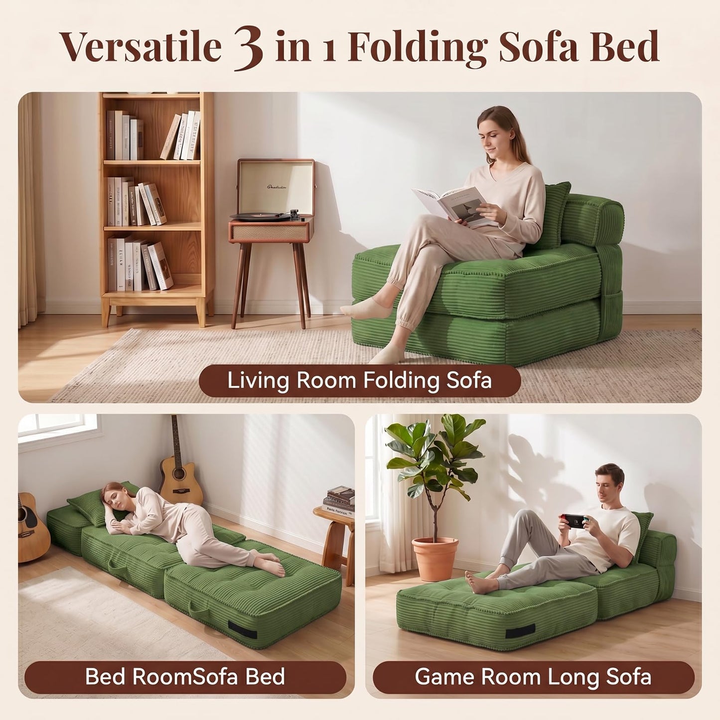 ORWIPO Folding Sofa Bed, Convertible Sleeper Chair with Pillow Foldable Mattress with Back Support, Portable Fold Out Chair Bed Comfy Floor Couch Lounge for Living Room Bedroom Apartment Single