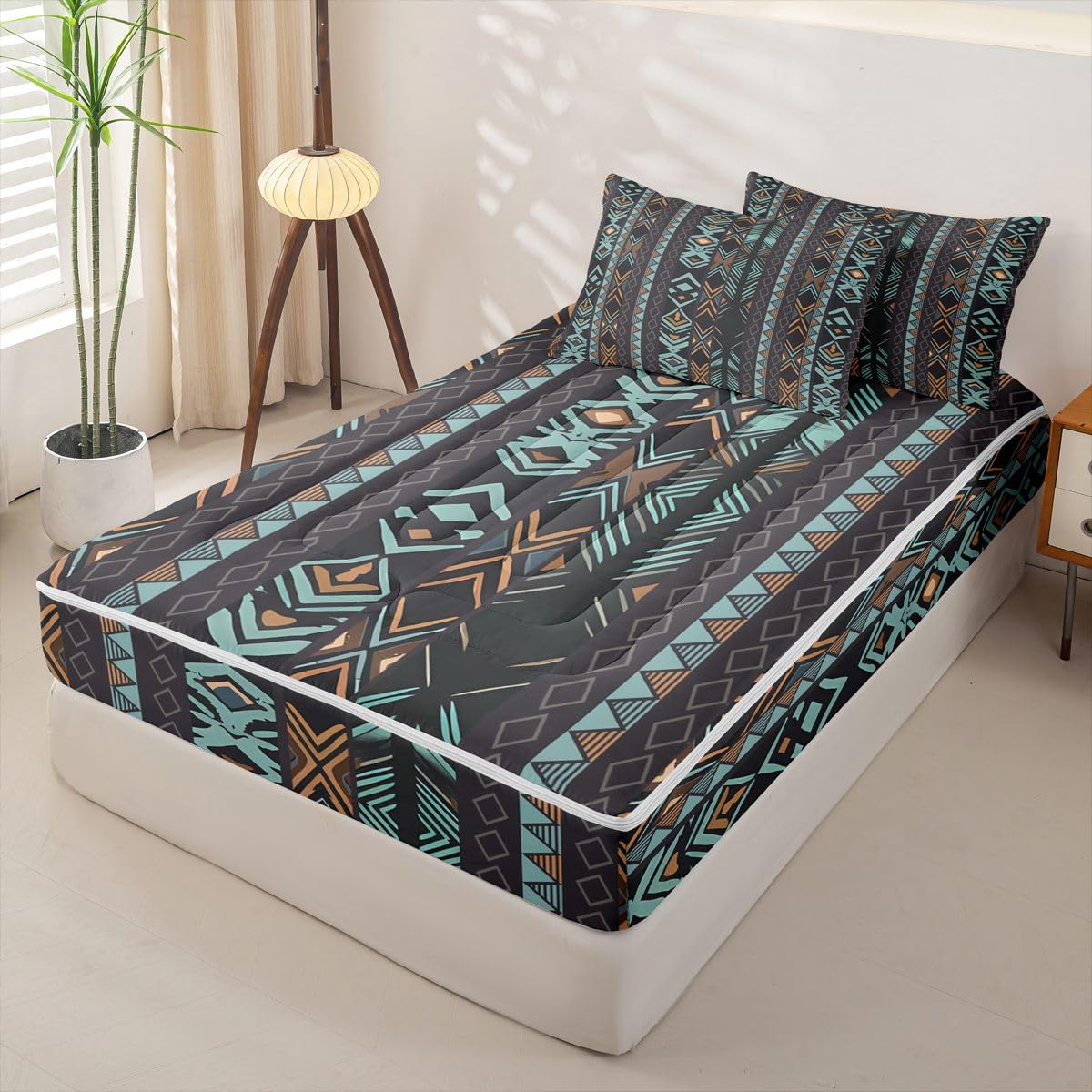 Erosebridal Western Zipper Bedding Set Queen Zip Up Bedding Navajo Style Aztec Comforter Set with Sheets for Boys Girls,Southwestern Bed in a Bag Ethnic Geometric Bed Sets with 2 Pillowcases