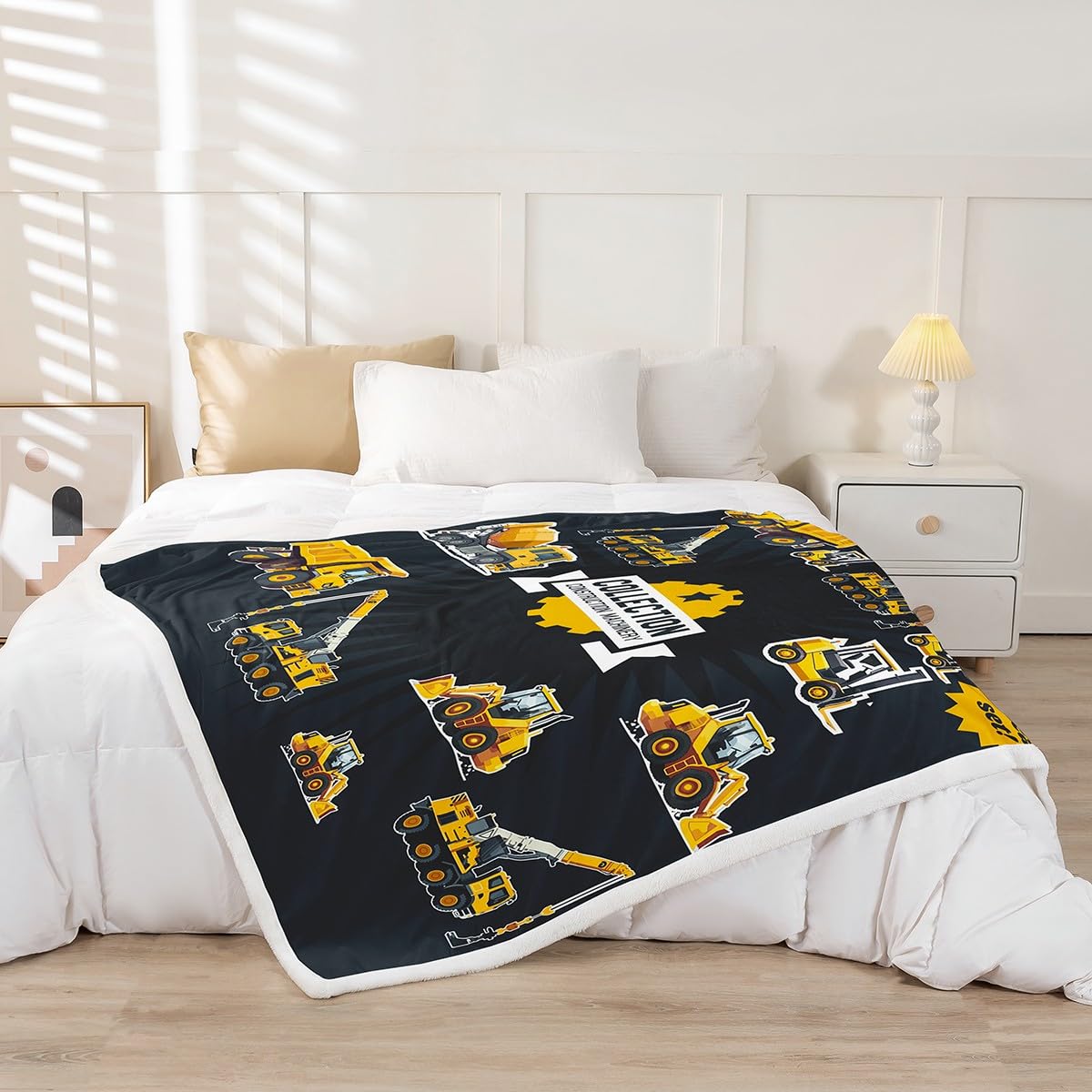 Feelyou Boys Construction Car Fleece Sherpa Blanket Kids Machinery Excavators Throw Blanket for Sofa Couch Heavy Machinery Construction Plush Throw Blanket Throw 50"x60"