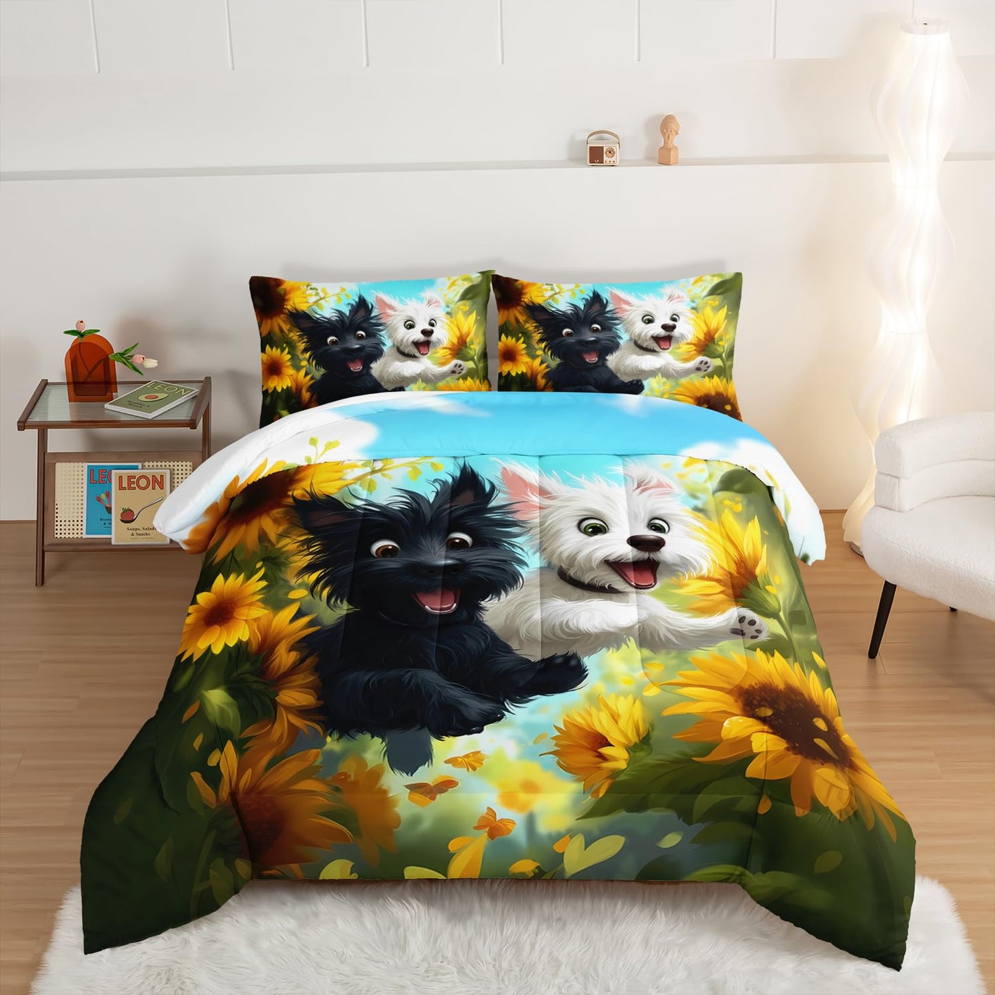 UEVBF White and Black Dog Comforter Set for Kids Room Decor,Cute Dog Sunflower Flower Bedding Queen Size Bed Sets,Kawaii Cartoon Pet Animals Comforter Set with 2 Pillowcases.