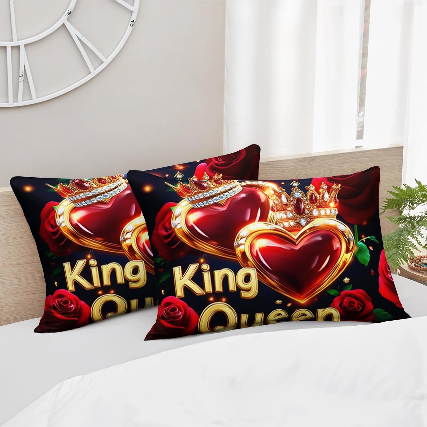 AILONEN K & Q Hearts Print Comforter Set Queen Size,Red and Black Rose Bedding with 2 Pillowcases,Valentine Romantic 3Pcs