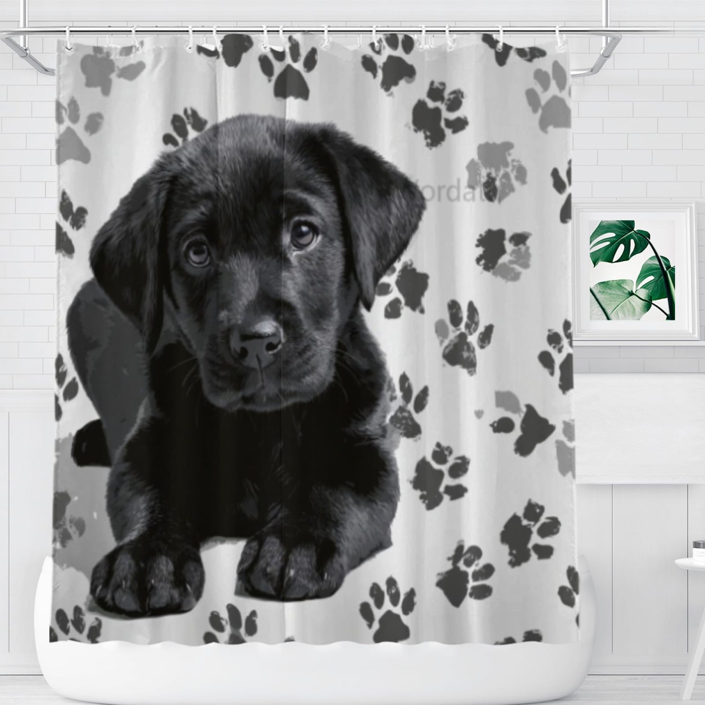 Wordatu Shower Curtain Pawprint Black Labrador Dog Animal Paw Black and Gray Waterproof Polyester Fabric 72x72 Inches Set with Hooks