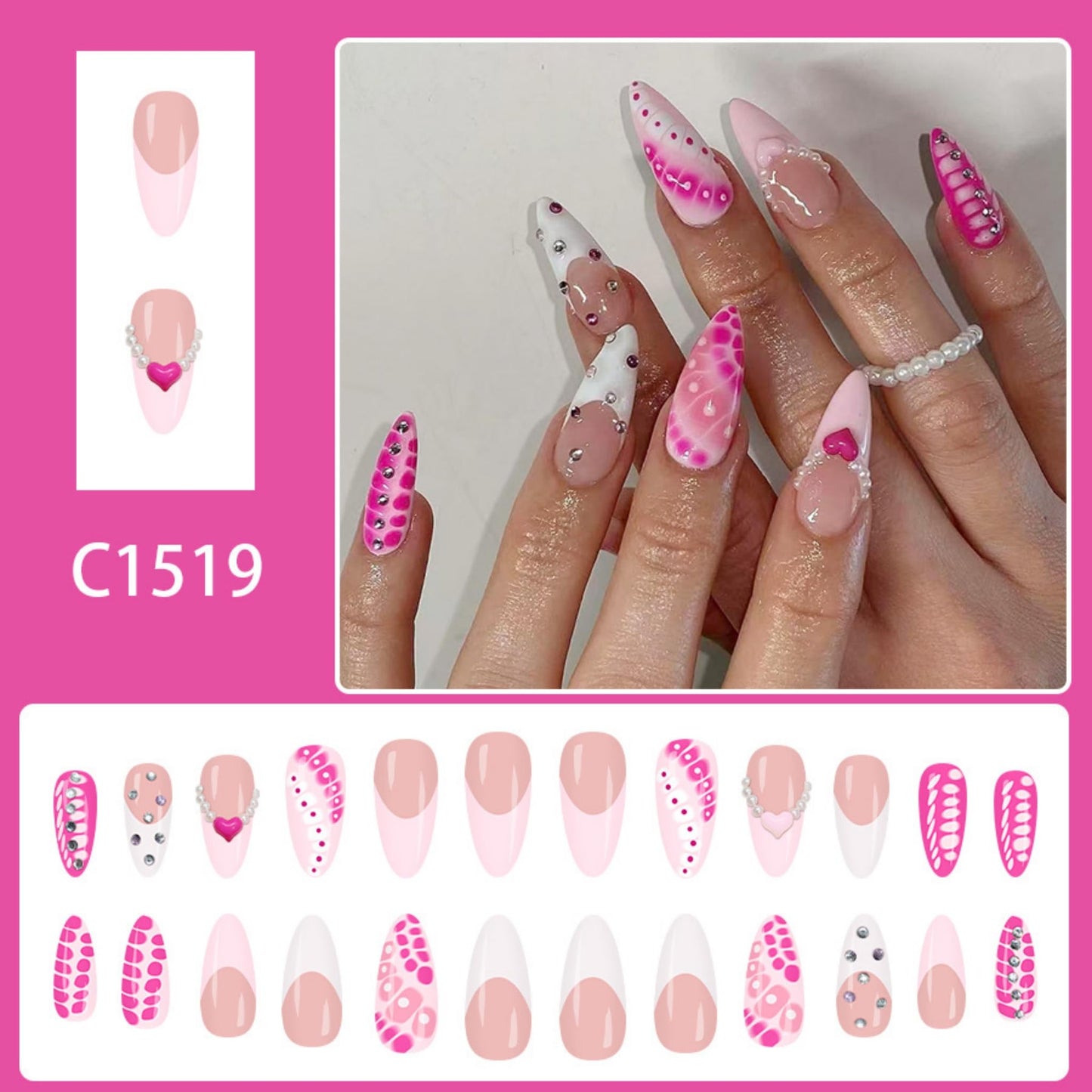 Valentines Press on Nails Long Almond Fake Nails Pink Artificial Nail Heart Love Tortoise Shell Rhinestones Stick on Nail for Women 24pcs