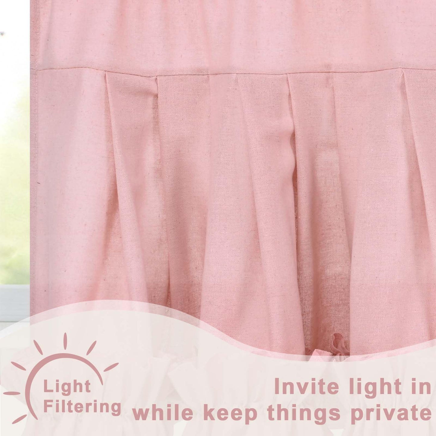 Likiyol Linen Valances for Windows Farmhouse Ruffle Swag Valance Rustic Country Window Valances Light Filtering Kitchen Curtains Rod Pocket Valance Curtains for Bathroom Cafe, Pink, 60" W x 36" L