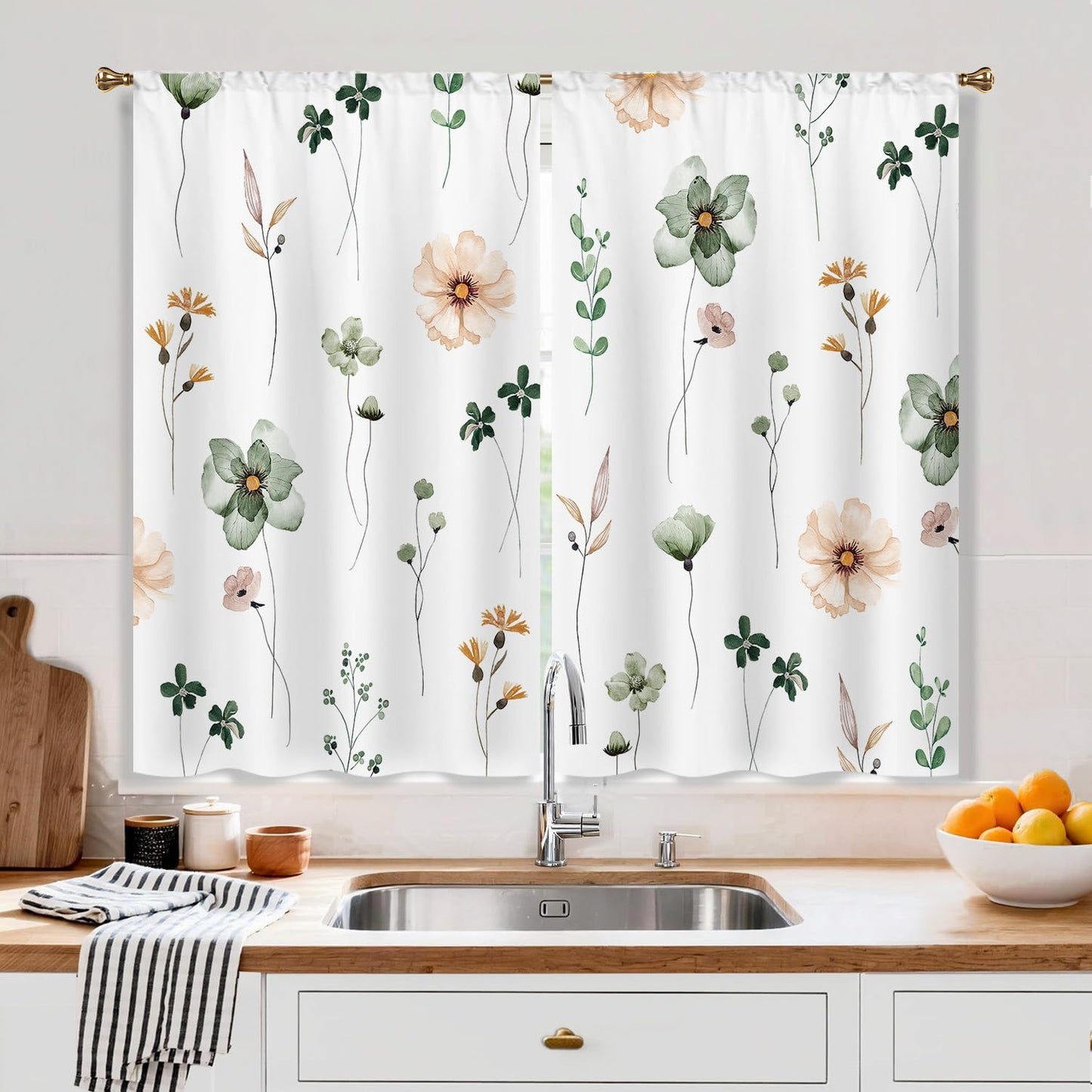 Cizuug Kitchen Curtains Boho Country Green Flower Small Short Small Short Cafe Tier Curtains Decor for Living Dining Room Bathroom RV Rod Pocket Window Drapes Treatment 2 Panels (27.5x39Inch)