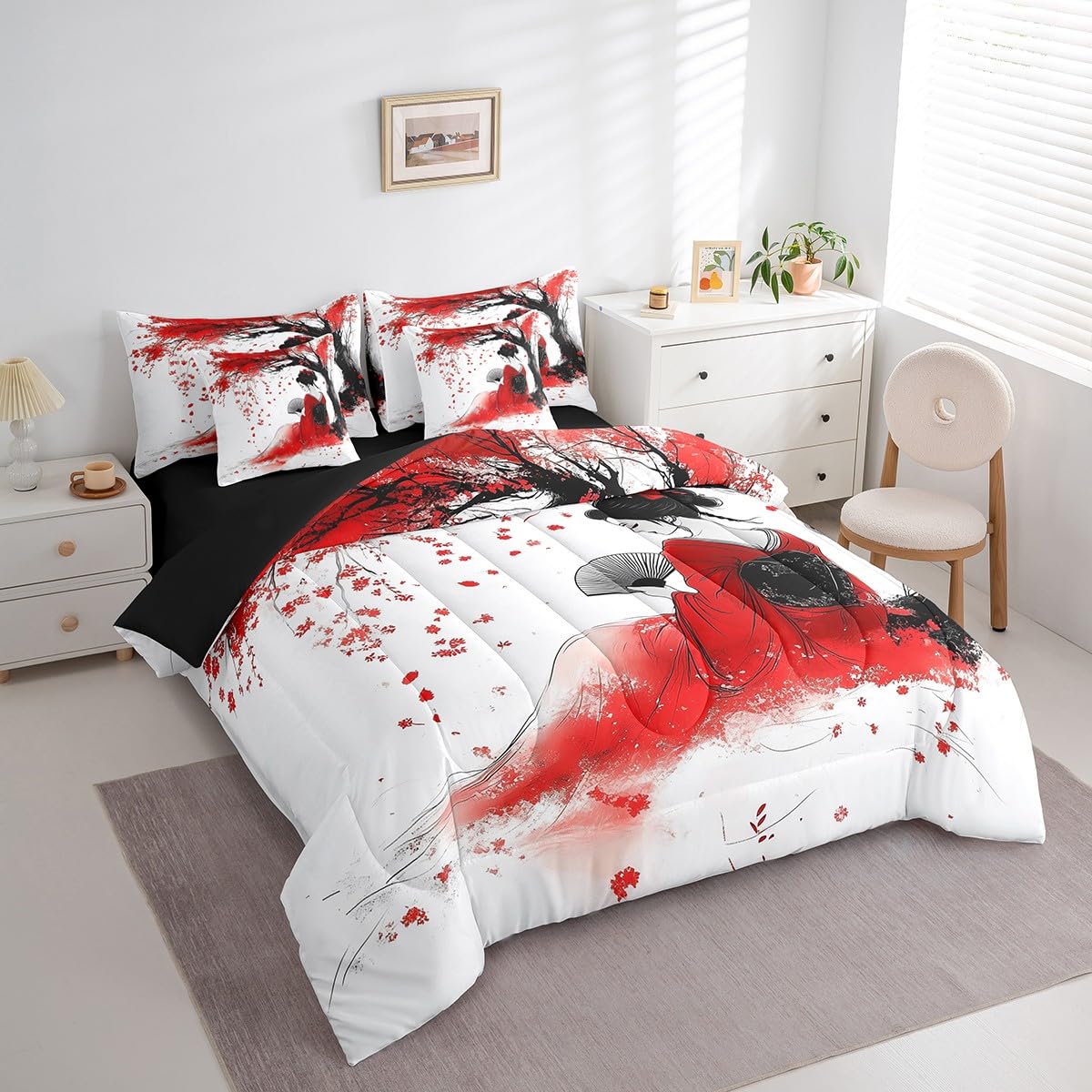 Erosebridal Aesthetic Japanese Geisha Bedding Set 7Pcs,Red Cherry Blossom Comforter Set Twin for Kids Girls Women,Japan Woman Kimono Bed in a Bag,Traditional Ukiyoe Quilt