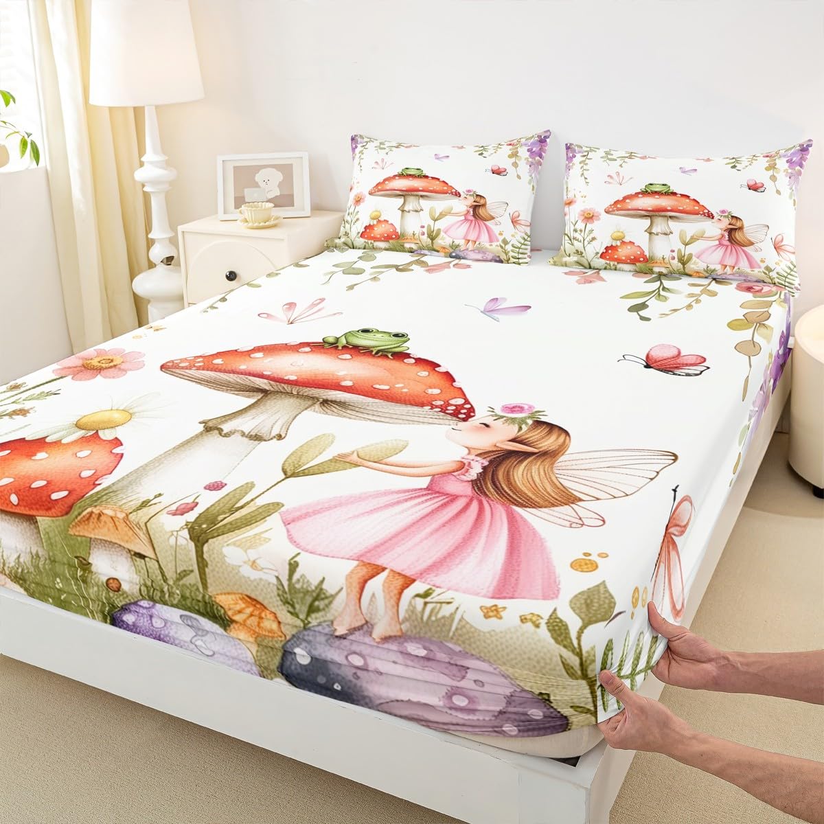 Erosebridal Fairy Garden Twin Bedding Set - Mushroom & Frog Fitted Sheet for Kids Girls, Butterfly Floral Forest Themed Bottom Sheets Only | Whimsical Fairies Bed Set 2 Piece Room Decor