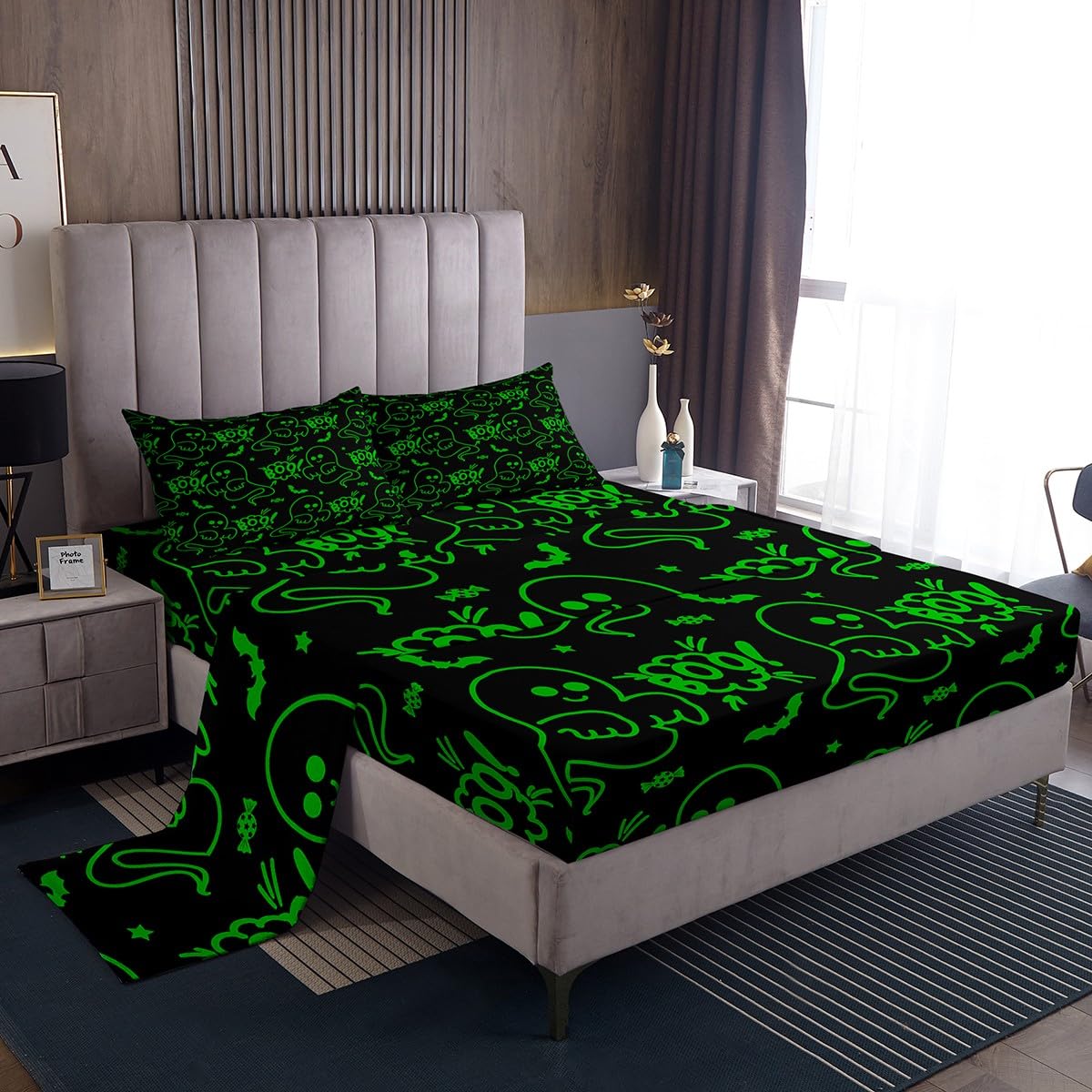 Feelyou Halloween Sheets Set Cartoon Ghost Twin Size Bedding Set Decoration for Kids Boys Girls Green Fitted Sheet Ghost Festival Themed Bed Sheet Set Collection
