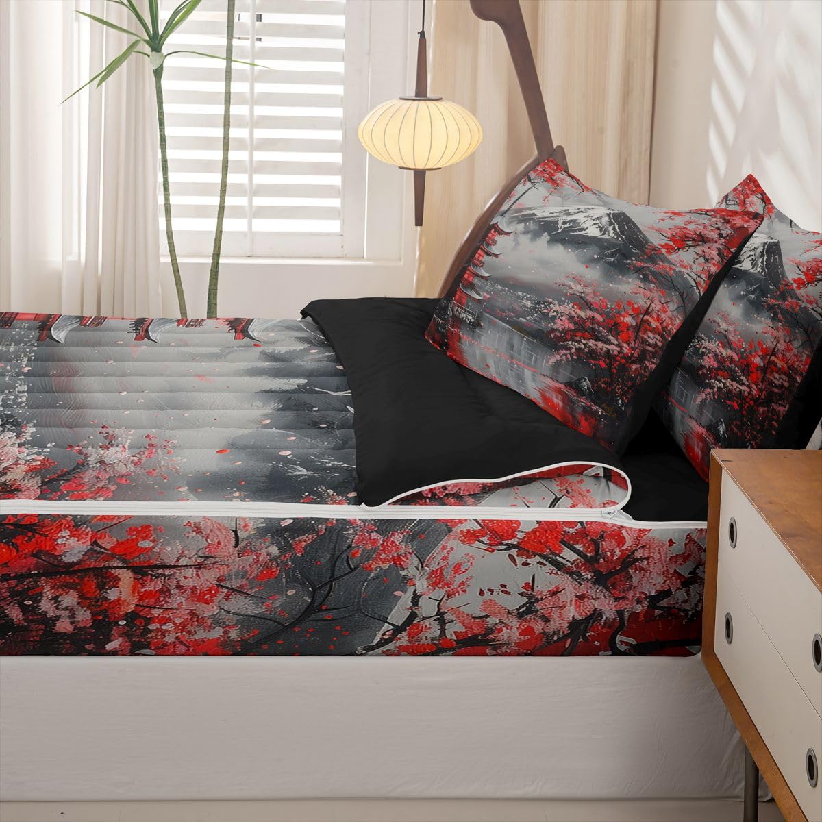 Erosebridal Cherry Blossom Zipper Bedding Vintage Japanese Art Twin Bed in a Bag Set for Boys Girls Teen Mount Fuji Pavilions Kids Comforter Set with Fitted Sheet Red Flowers Zip Up Bedding