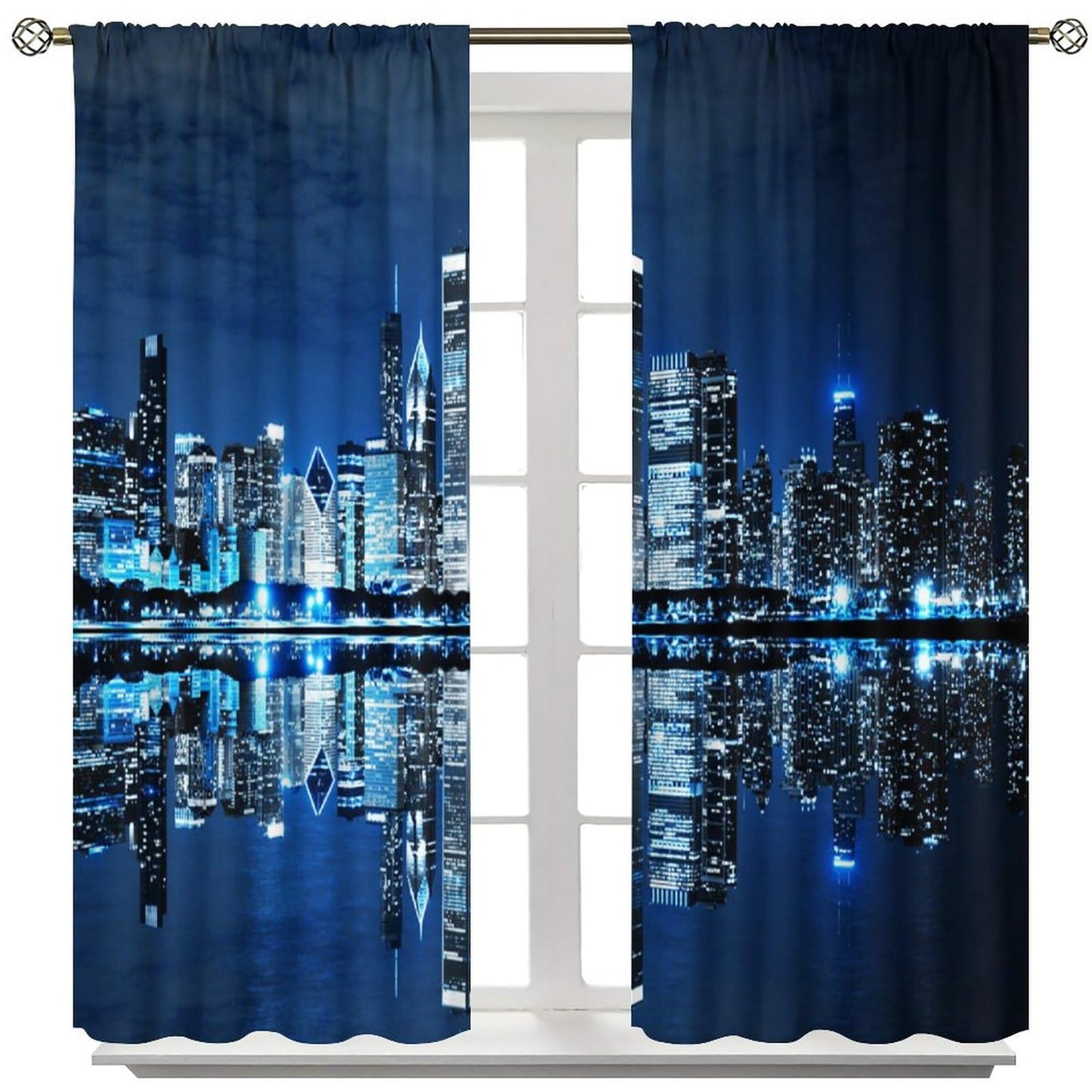 AAVEUP New York Night Curtains, 3D Ocean Manhattan City Architecture Neon Light Scenery Decor Window Treatments, Thermally Insulated Rod Pocket Drapes for Boys Girls Bedroom Living Room 42x45in