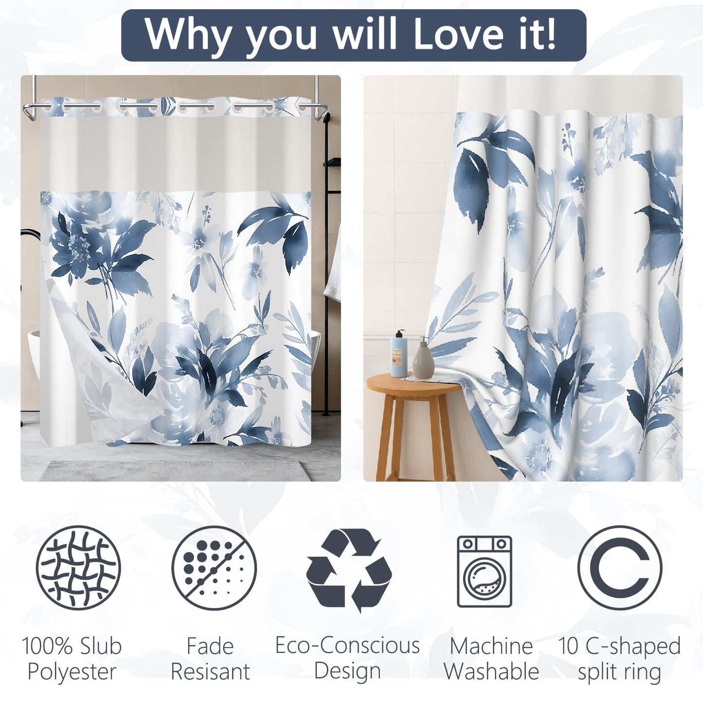 NAEMBCU No Hook Shower Curtain with Snap in Liner 71x74 Inch