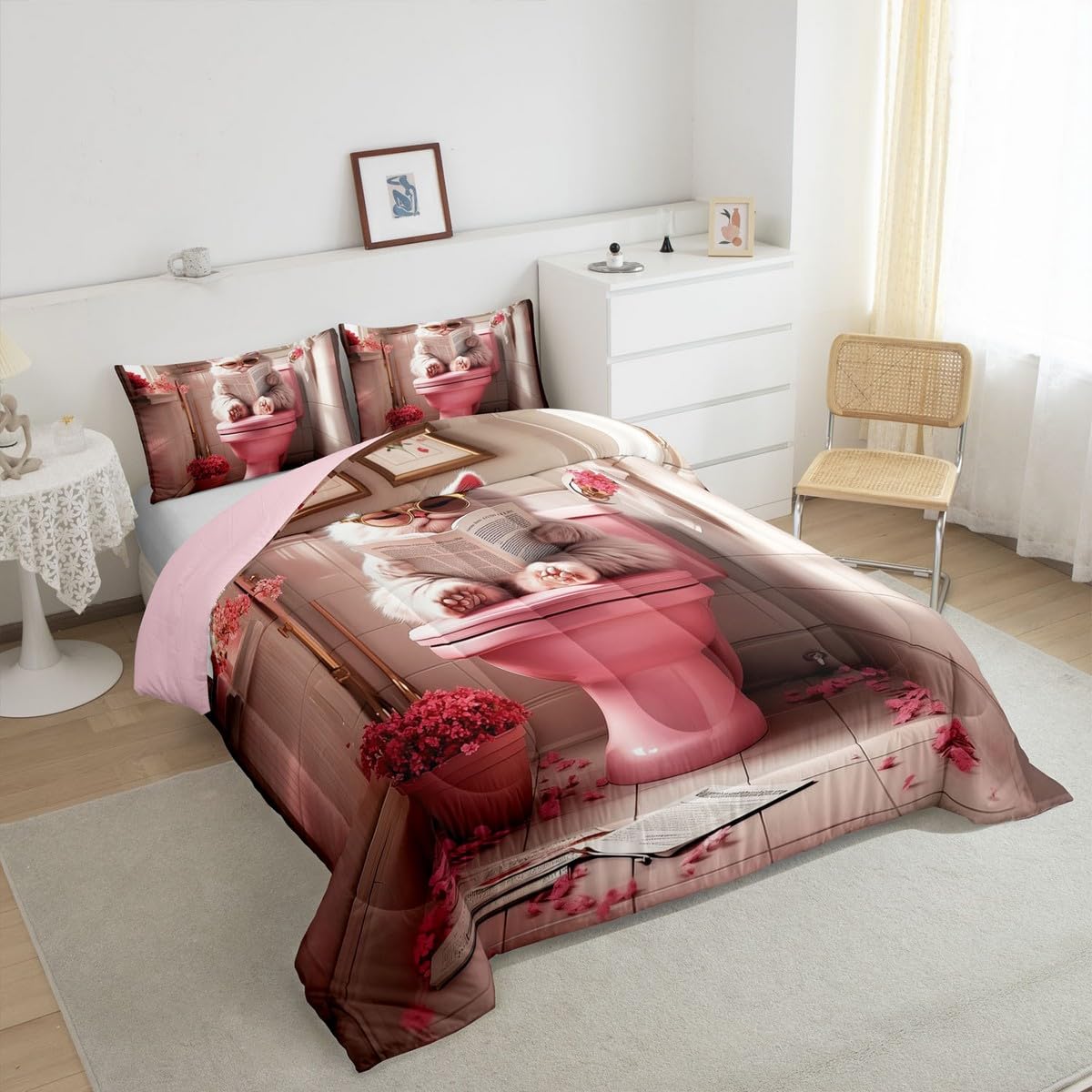 jejeloiu Cute Cat Bedding Set 2Pcs Twin Size Kids Kawaii Kitten Comforter Set for Boys Girls Pink Duvet Quilt Soft Lightweight,Microfiber