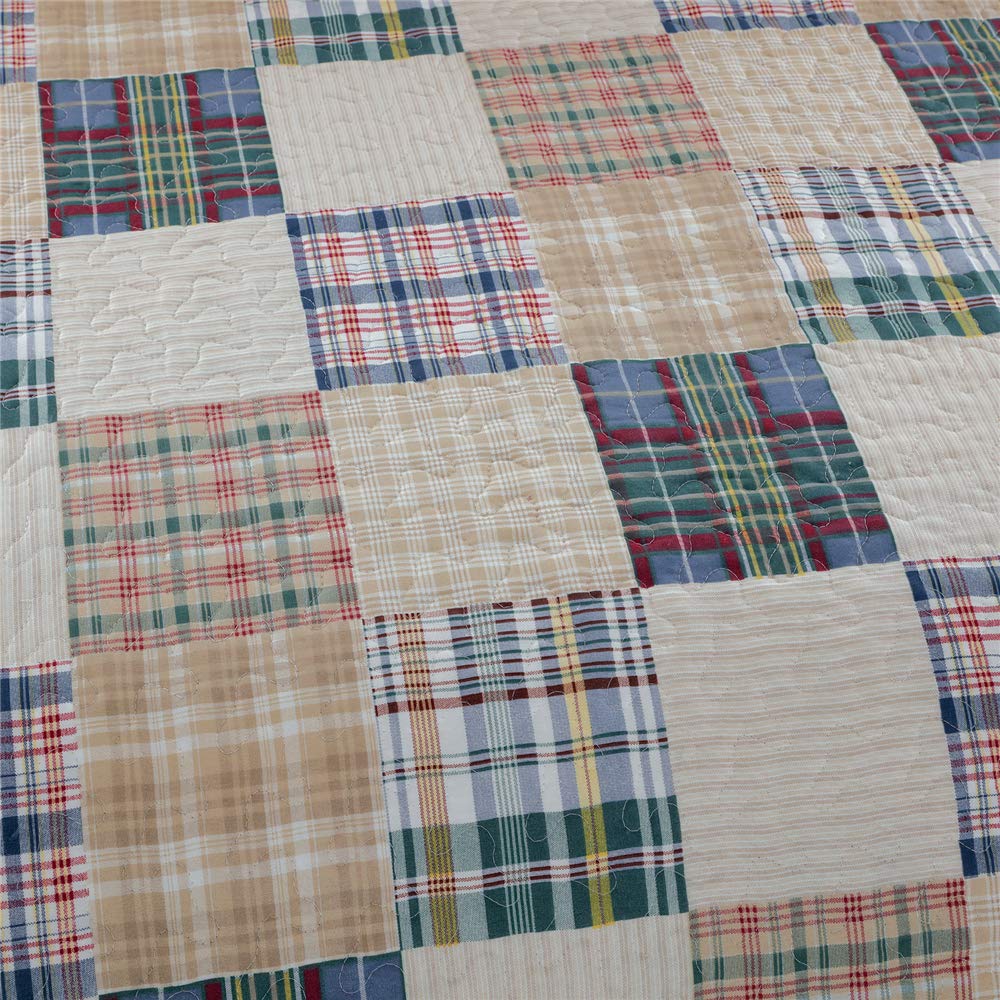 Quilt Set Queen Size Plaid Bedspread Coverlet Queen Quilts Patchwork Bedding Mens Plaid Collection Quilt Bedspread Lightweight Reversible Quilt Bedding Set Queen Bedspread with Pillow Shams,Beige