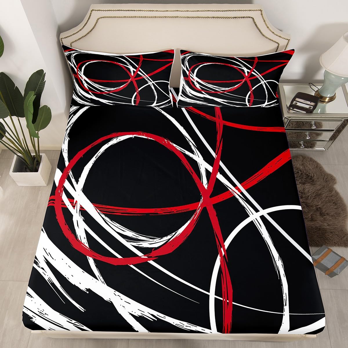 Kids Abstract Spiral Stripes Bed Sheet Set King Size,Modern Red Black White Bedding Set for Children Adult Bedroom Xmas Present,Geometric Circle Bedding (1 Fitted,1 Flat,2 Pillowcases), Microfiber