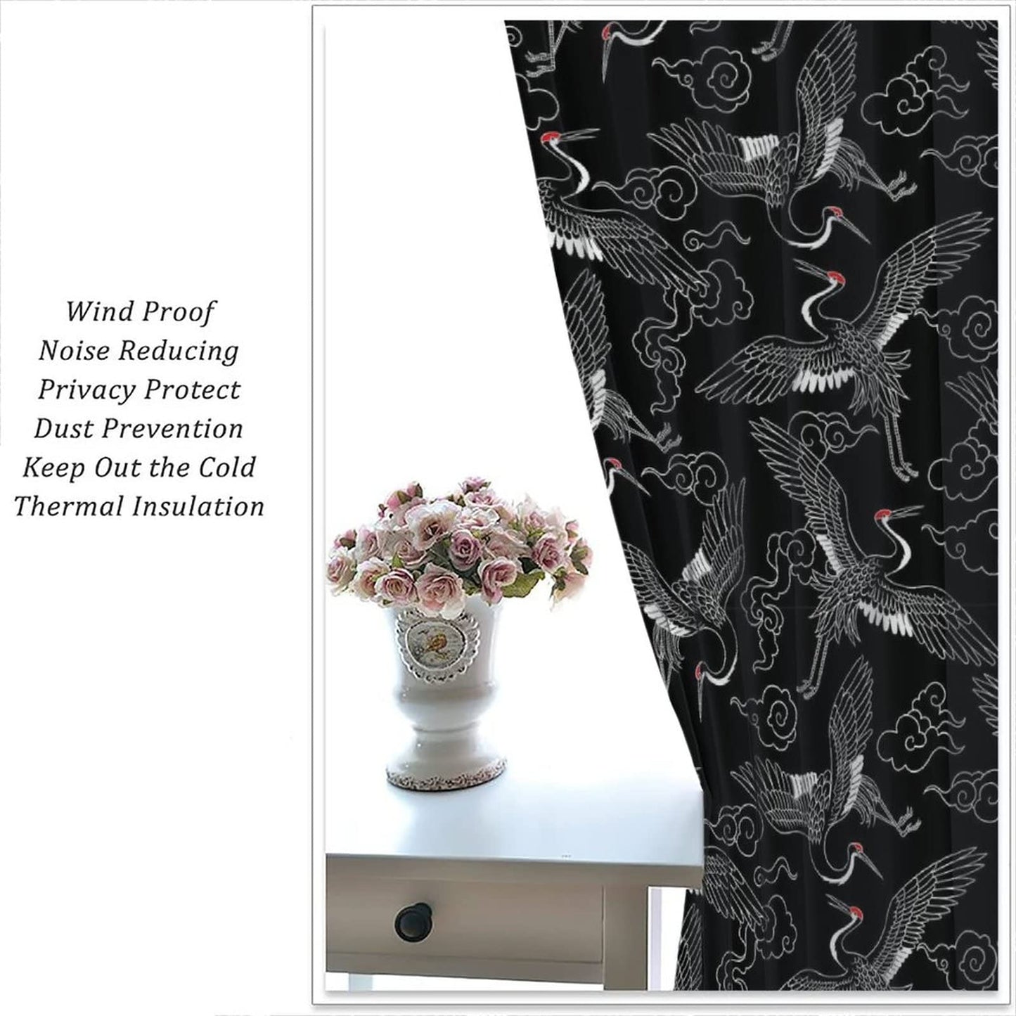 Japanese Style Curtains Fairy Wildlife Theme Crane Bedroom Rod Pocket Blackout Window Drapes 2 Panels Set 42x45in