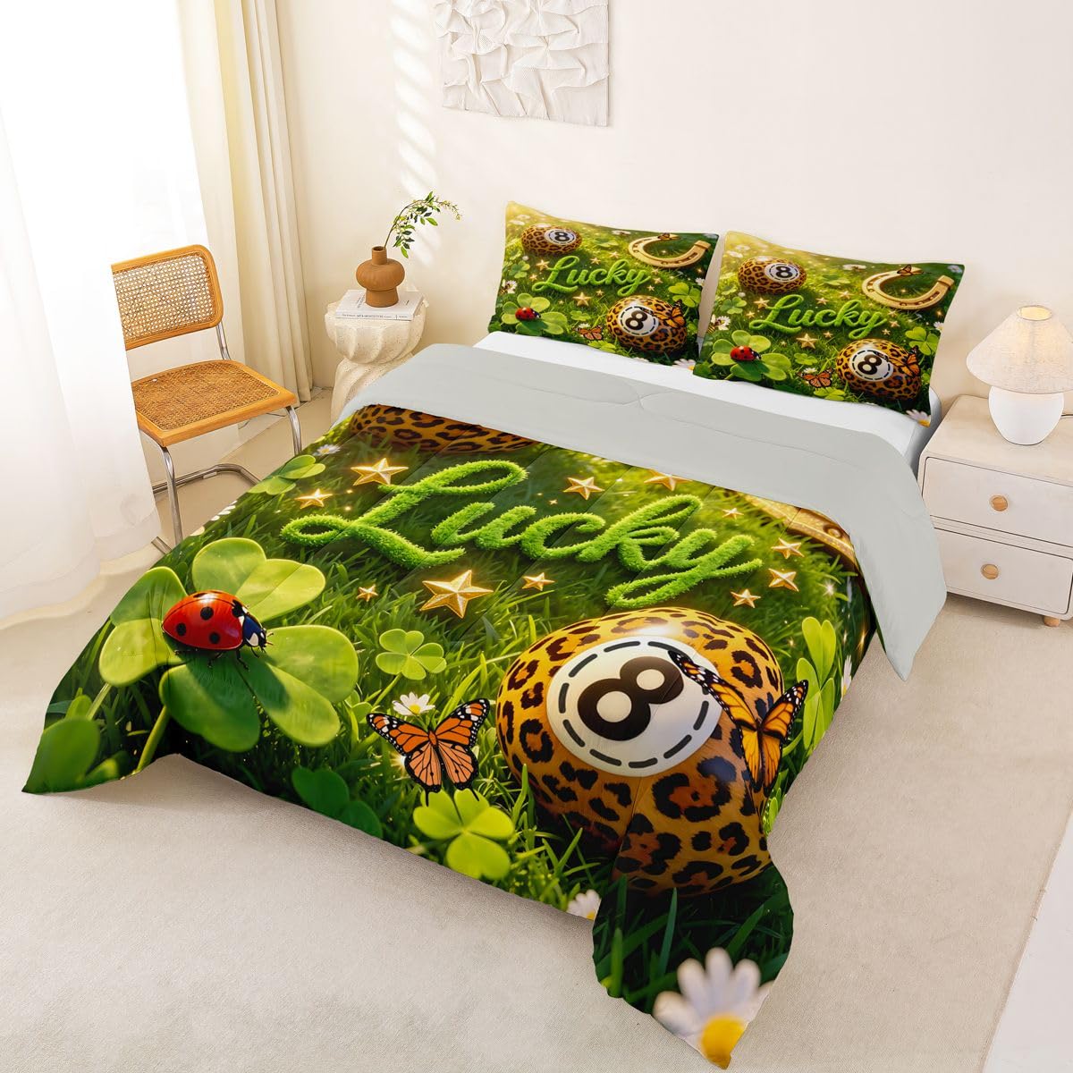 Erosebridal Y2K Lucky 8 Ball Comforter Set Twin Girly Fashion Leopard Bedding Set for Girls Room Decor,Preppy Cheetah Print Comforter for Kids Teen Adults,Trendy Aesthetic Y2K Style Bed Set