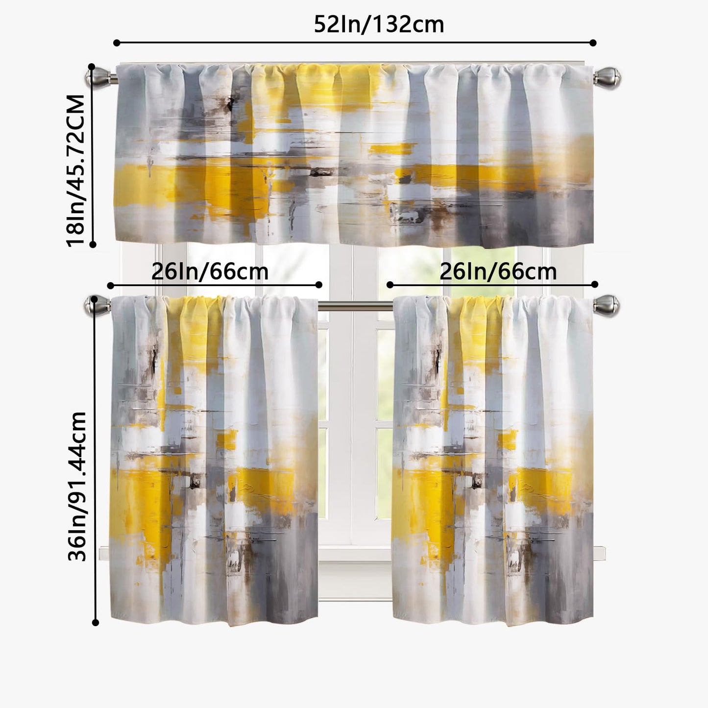 KINUUIS Yellow Brown Blackout Kitchen Window Tier Curtains and Valance Set, 52 x 36 Inch Abstract Art Window Curtains Set with Rod Pocket for Small Windows, Living Room or Bathroom