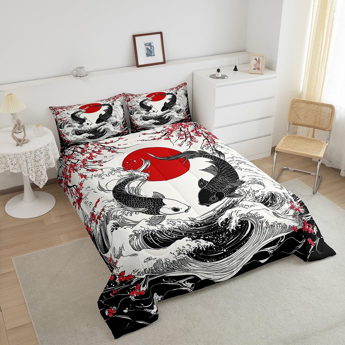 Feelyou Ocean Wave Fish Bedding Set for Kids Boys Girls Queen Size Cherry Blossoms Comforter Set Ultra Soft Exotic Comforter Japanese Ukiyoe Theme Duvet Quilt Bedroom Decor Sunset Quilt