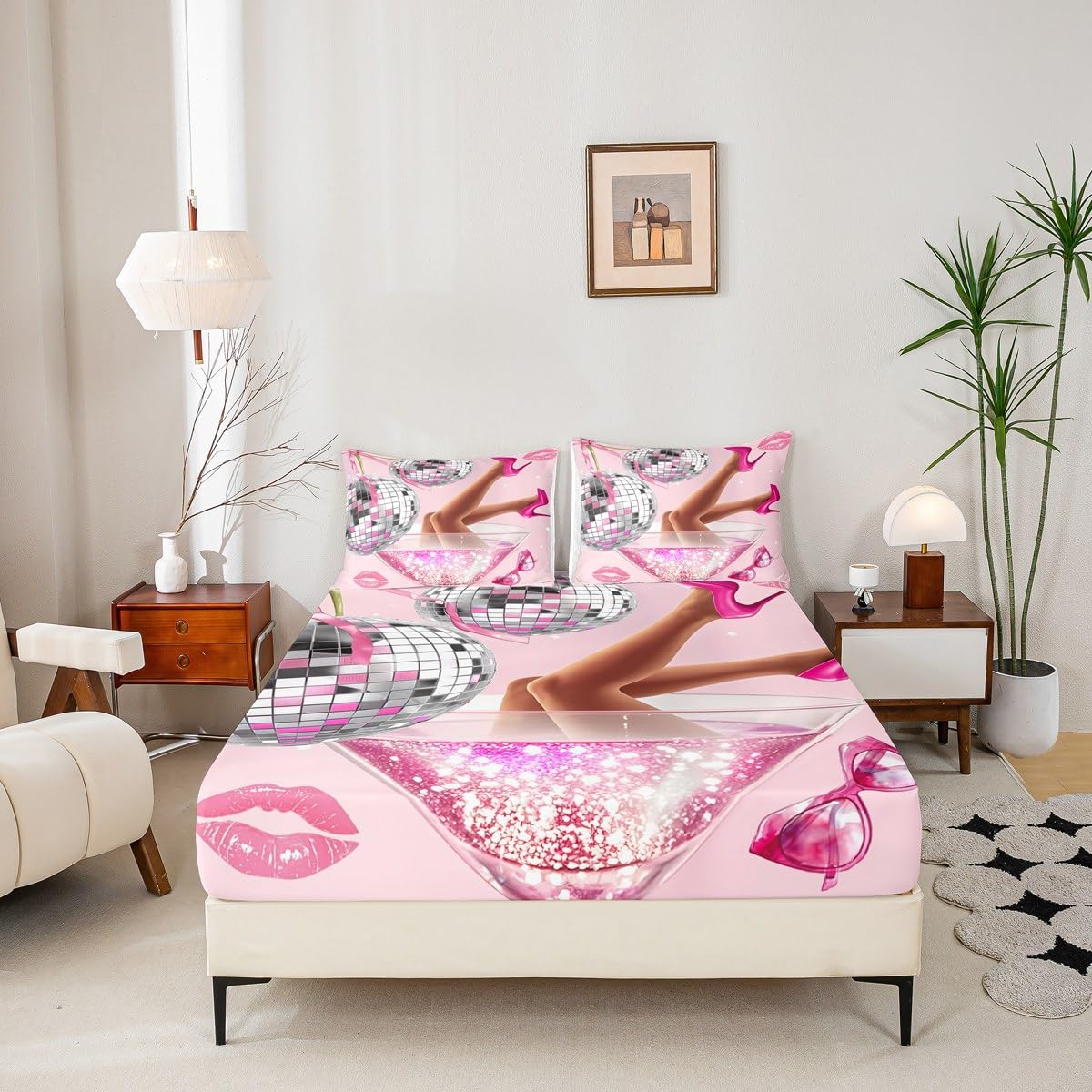 Erosebridal Pink Disco Ball Sheet Set King Size for Teens Girls Retro 70s Cherry Bow Preppy Bed Sheets Lips Modern Sheets Fantasy Fashion Coquette Aesthetic Bedding Set for Women