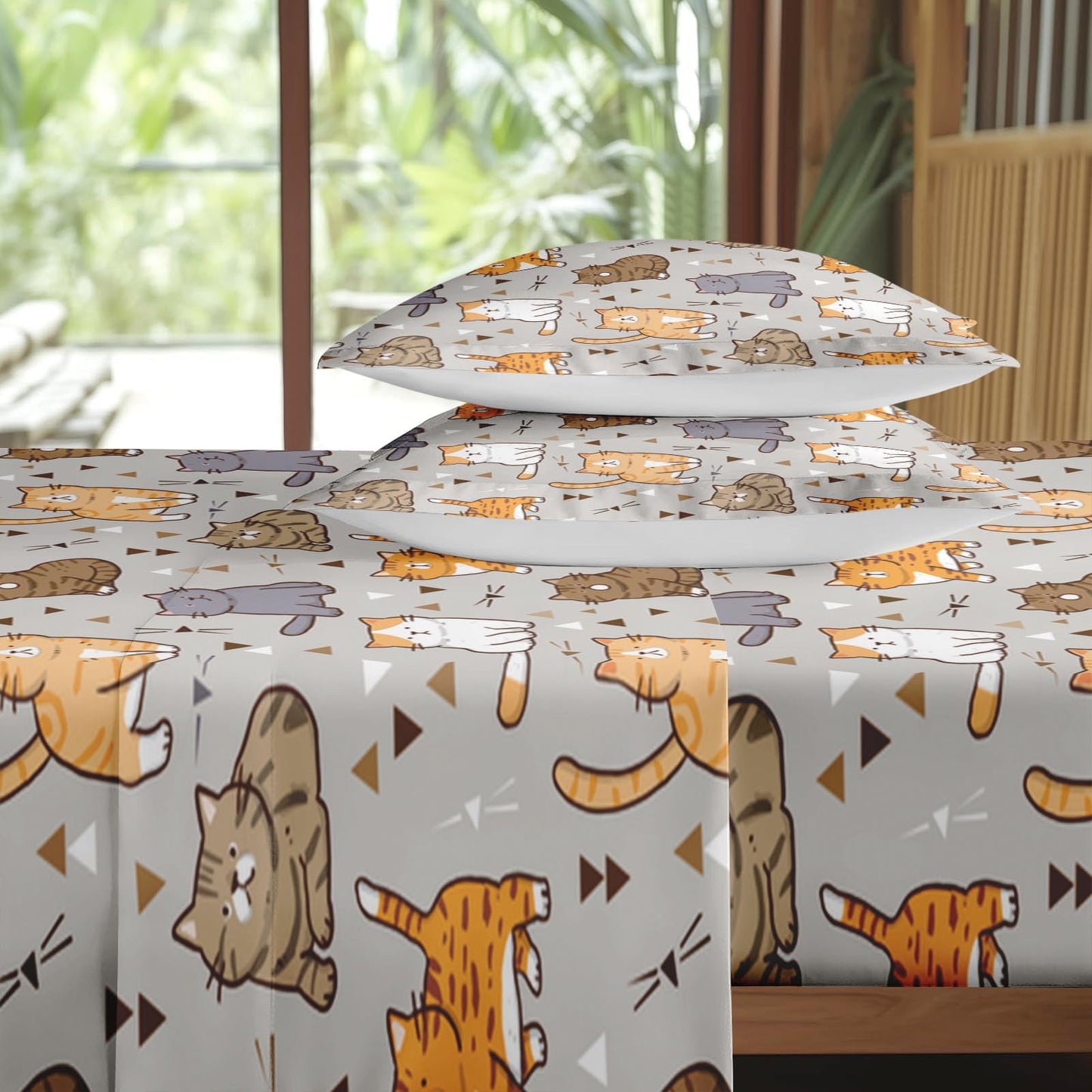 Pamnest Queen Size Bed Sheet Sets, Cute Cat Grey Soft Microfiber 4 Pcs Bedding Sets for Kids and Adults Bedroom Bed Decor, Cartoon Baby Animal Flat, Fitted Sheet and 2 Pillowcases