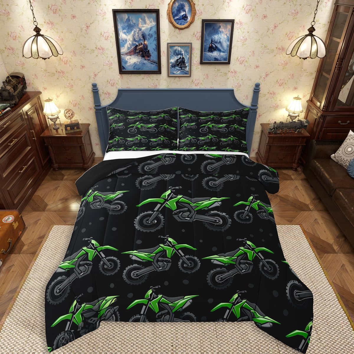 Erosebridal Boys Green Motocross Bedding Set Full, Dirt Bike Comforter Set, Racing Motocross Comforter, Cool Motorcycle Black Quilt with 2 Pillowcases for Kids Teens Youth Men Bedroom Decor