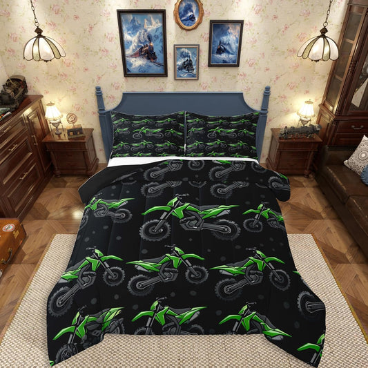 Erosebridal Boys Green Motocross Bedding Set Full, Dirt Bike Comforter Set, Racing Motocross Comforter, Cool Motorcycle Black Quilt with 2 Pillowcases for Kids Teens Youth Men Bedroom Decor
