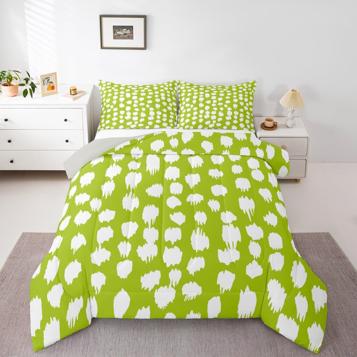 Erosebridal Lime Green Comforter Set Abstract Polka Dots Bedding Set Queen Size Boho Circle Down Comforter for Kids Boys Girls Adults Lime Green Brush Stroke Spots Quilt Duvet Fashion Room Decor