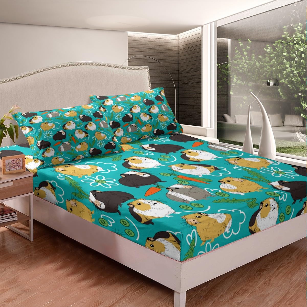 Feelyou Cartoon Hamster Bedding Set for Girls Boys Cute Guinea Pig Children Bed Sheet Set Decorative Pet Animal Theme Fitted Sheet Carrot Vegetable Bed Cover 2Pcs with 1 Pillowcase Twin Size