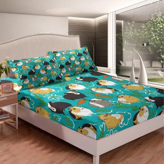 Feelyou Cartoon Hamster Bedding Set for Girls Boys Cute Guinea Pig Children Bed Sheet Set Decorative Pet Animal Theme Fitted Sheet Carrot Vegetable Bed Cover 2Pcs with 1 Pillowcase Twin Size