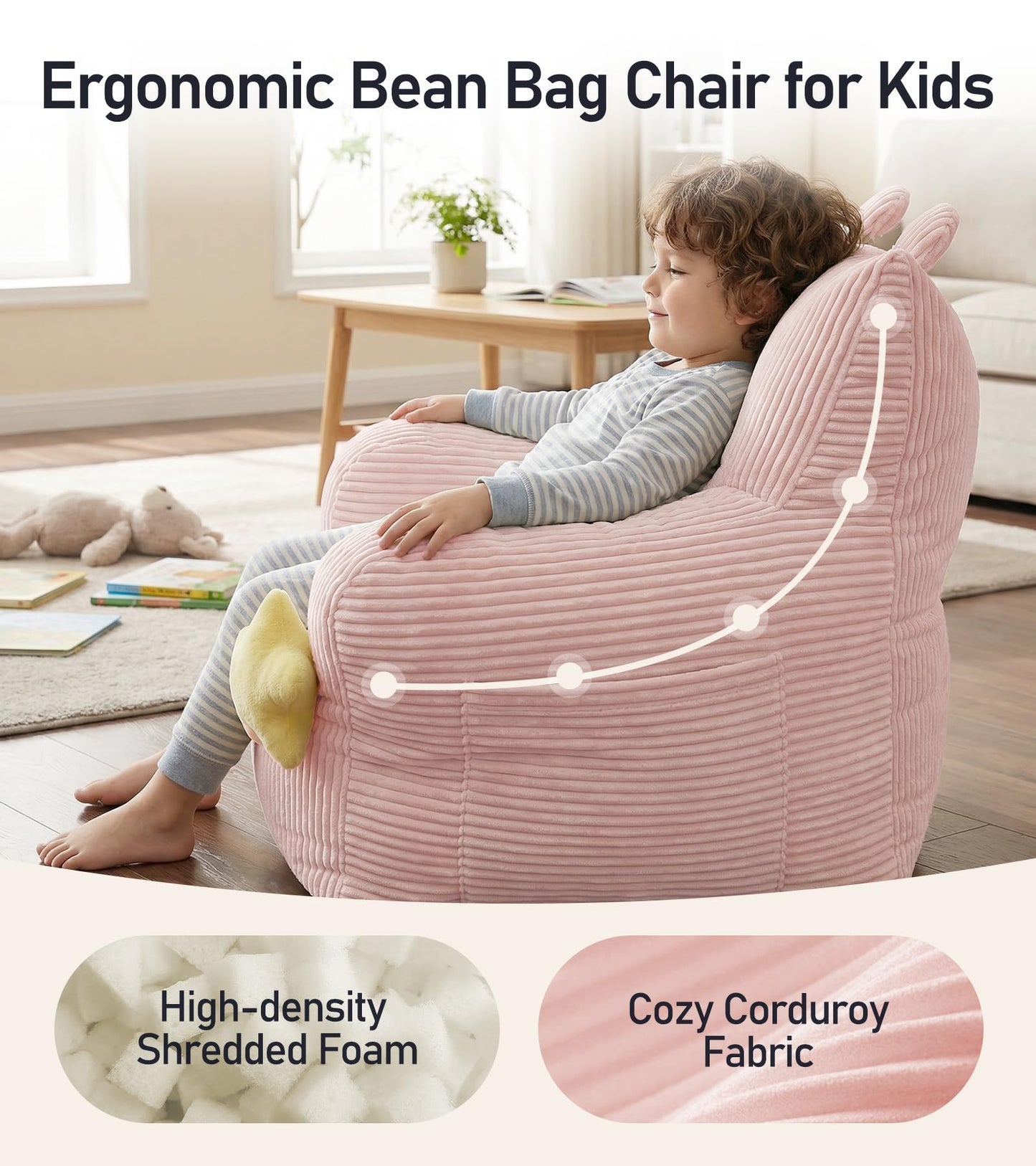 little dove Bean Bag Chairs for Kids, Comfy Bean Bag Chair with 2 Plush Toys, Toddler Chair with Pocket, Stuffed Lazy Sofa with Filler for Boys and Girls, Kids Chairs for Gaming, Reading, Pink