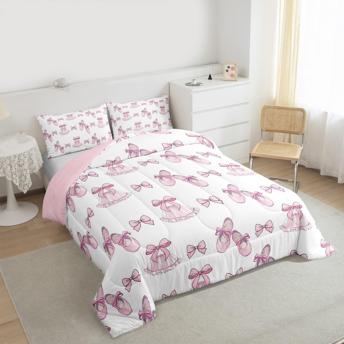 Erosebridal Girls Bow Comforter Set Ribbon Bowknot Ballet Skirt Full Size Bedding Sets | Ballerina Toe Shoe Comforter Kawaii Little Ballet Princess Bed Set