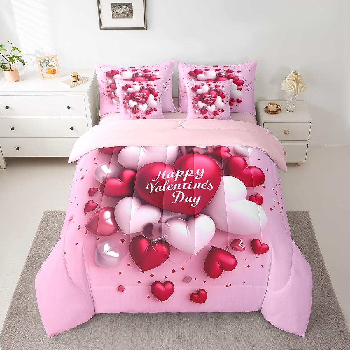 Erosebridal Happy Valentine's Day Bed in A Bag Romantic Love Balloon Comforter Set for Girls Teen Women,Pink Red Balloon 7 Piece Bedding Set Full Size,Soft Lightweight Pink Sheet Set with Comforter