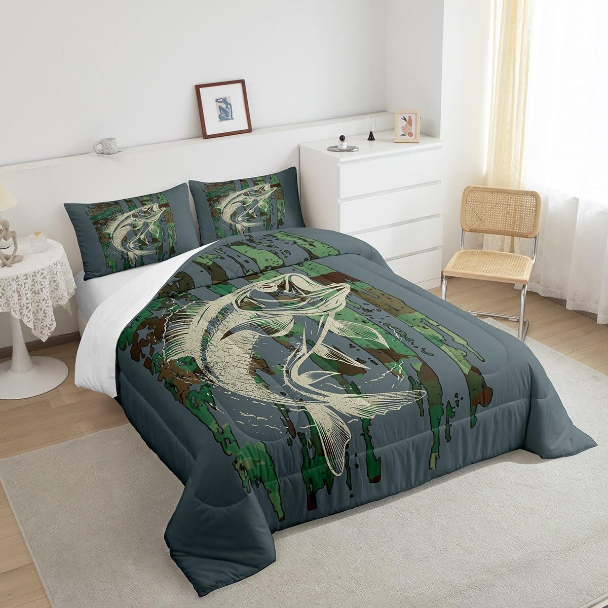 Feelyou Bass Fish Comforter Set Twin Size Green Camouflage Bedding Set for Fishing Lover Gifts Boys Girls Camo Pike Fish Fishing Comforter Wild Fisherman Bed Set Rustic Cabin Bedroom Decor