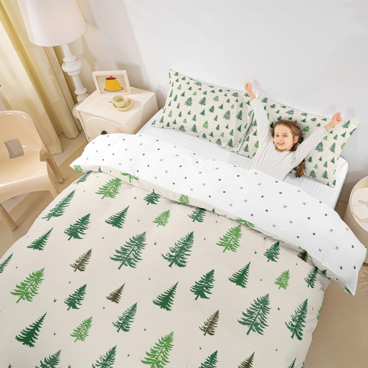 Castle Fairy Christmas Tree Duvet Cover Sets Twin Size,Green Pine Bedding Set 2pcs for Kids Teens Girls Boys Room Decor,Nature Plants Comforter Cover Soft Microfiber Quilt Cover with 1 Pillowcase