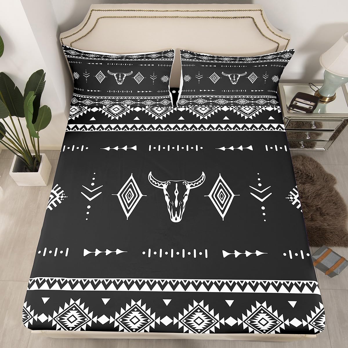Erosebridal Western Cowboy Bed Sheets Set Full Size, Bull Skull Flat Fitted Sheet for Boys Girls Women Men Room, Boho Aztec Ethnic Horns Bedding Set, Southwestern Native Bed Sets