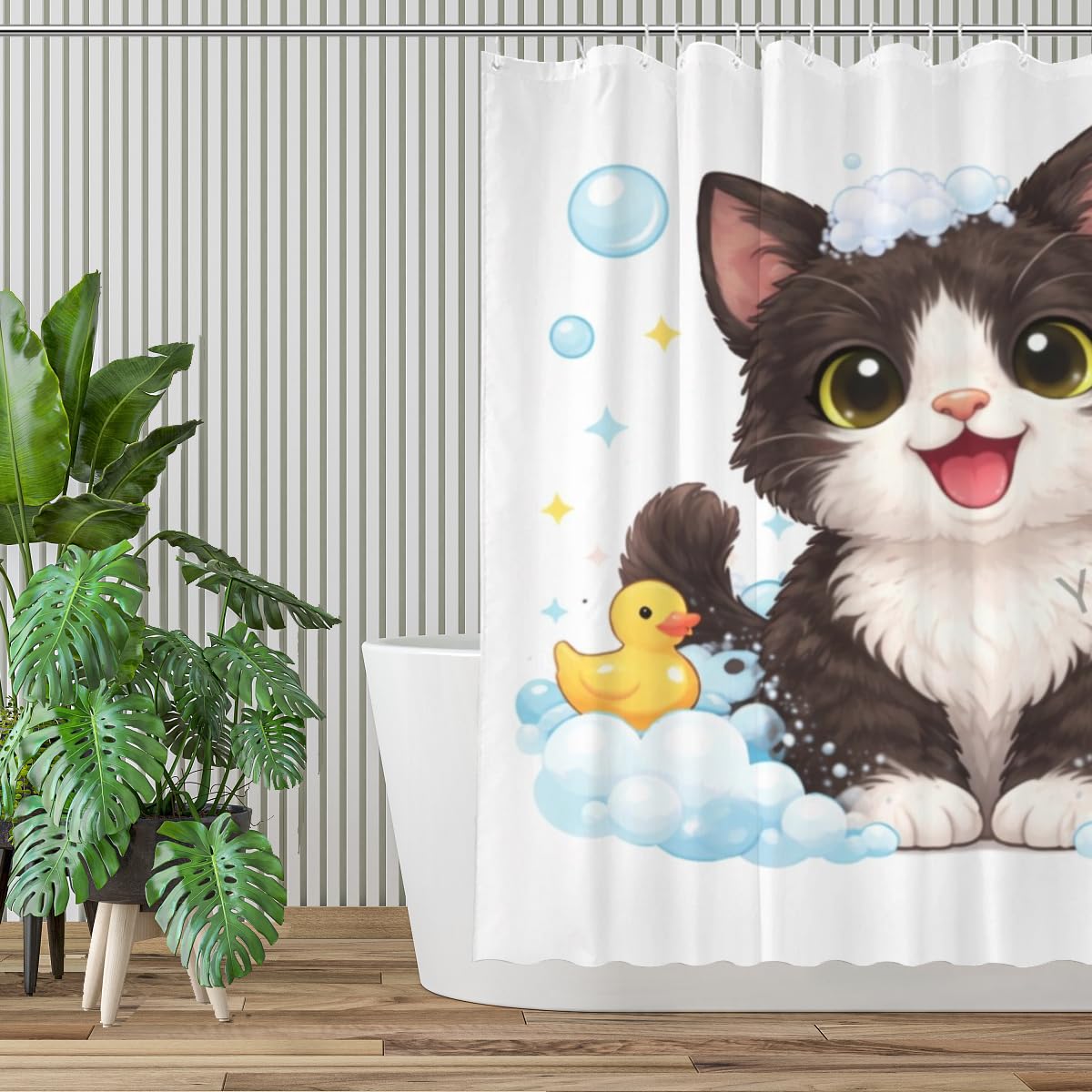 Youtoko Funny Tuxedo Cat Bathroom Decor Shower Curtain 72x72 Inch with 12 Hooks Cute Farm Animal Bubble Bath Rubber Duck Waterproof Washable Polyester