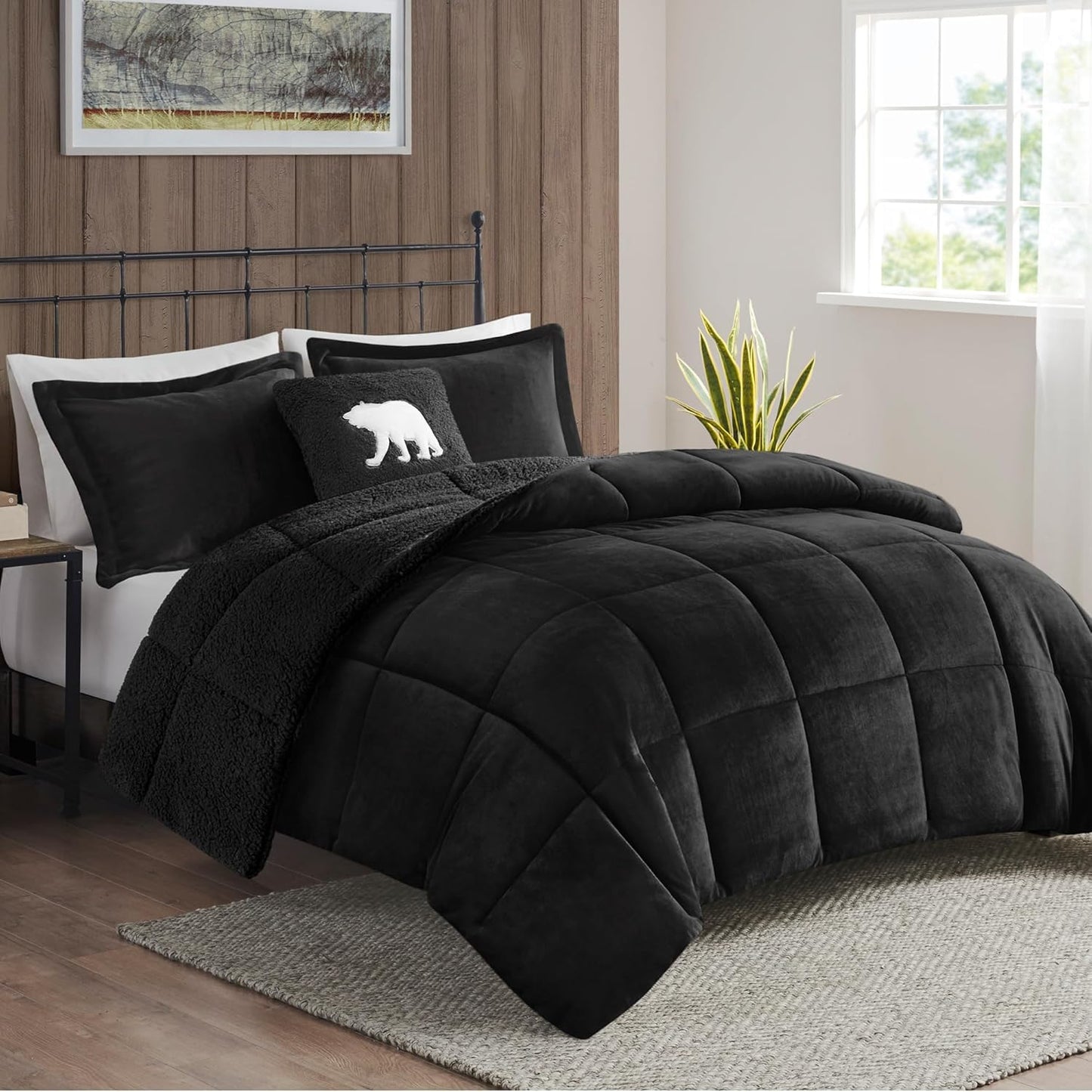 Woolrich Reversible Comforter Set Ultra Soft Plush to Sherpa, Down Alternative, Cold Weather Winter Warm Bedding, with Matching Sham, Decorative Pillow Black/Black Full/Queen 4 Piece