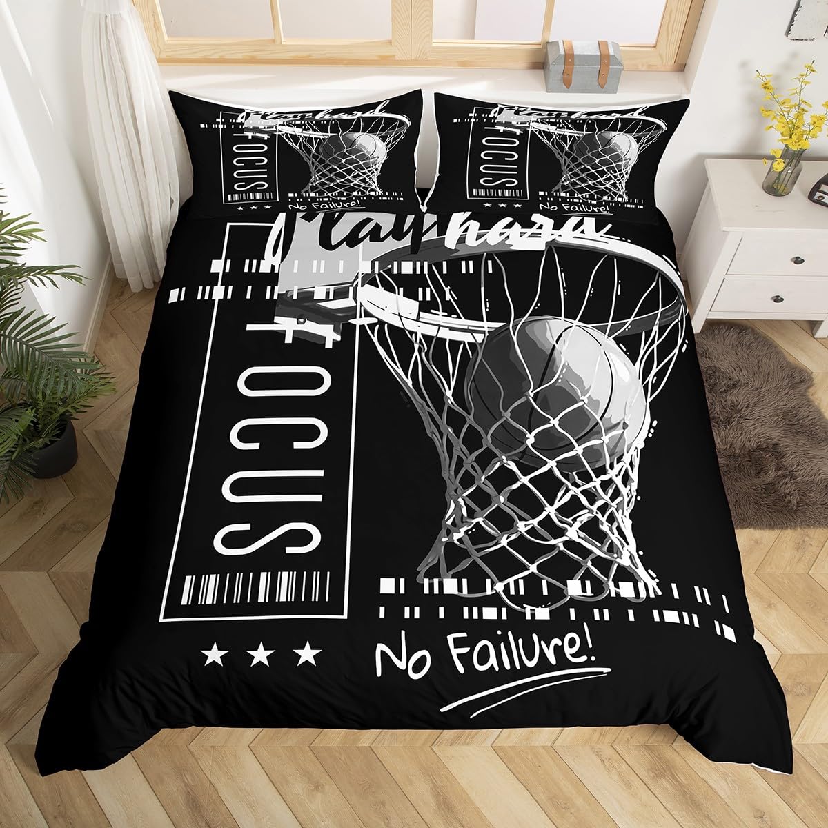 Erosebridal Passionate Basketball Sports Comforter Cover Goal from Hoop Duvet Cover for Boys Kids Teens Men with Motivated No Failure Quote Bedding Set Queen Size Soft Microfiber Room Decoration
