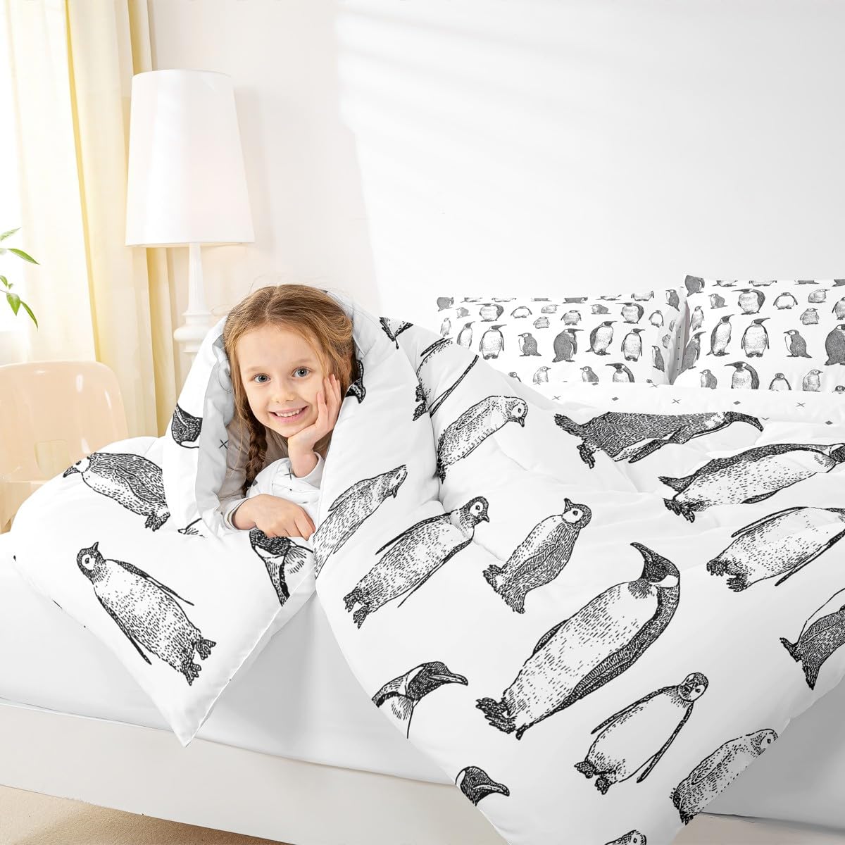 Erosebridal Penguin Comforter Set Twin Size, Antarctic Animal Down Comforter for Kids Boys Girls Children, Winter Theme Duvet Insert Penguin Sketch Quilted Duvet Bed Decorative, Grey White