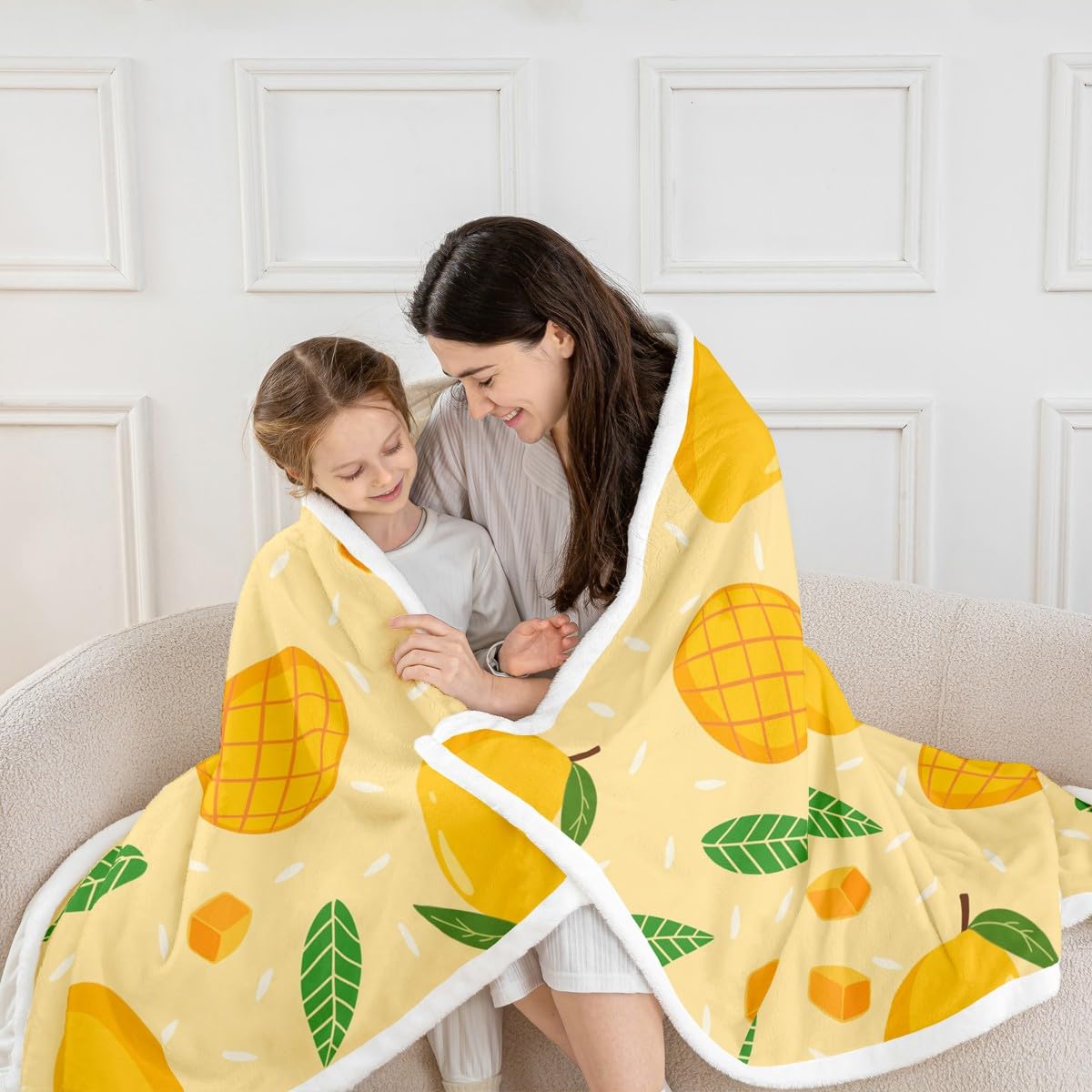 Feelyou Cartoon Mango Sherpa Throw Blanket - Sweet Fruit Plush, Botanical Leaves Fuzzy Blanket for Kids Boys Girls - Orange, 40x50 Inches