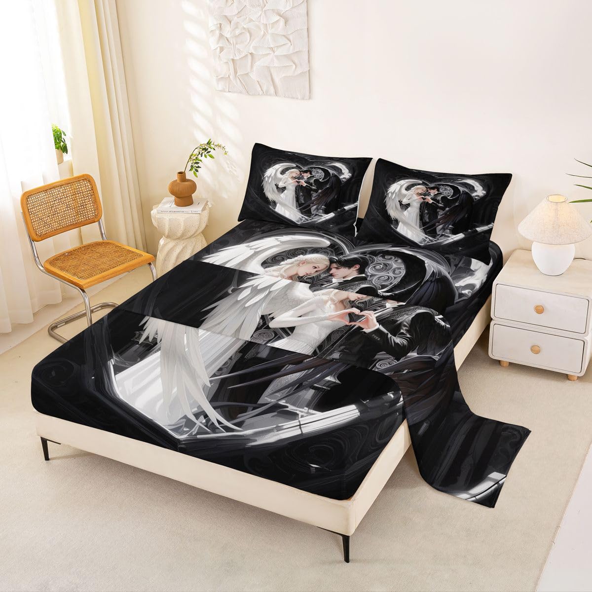Erosebridal Angel Wings Sheet Set Full Black and White Angel Bed Sheets Set Romance Love Sheets for Boys Girls Princess Fairy Style Flat Fitted Sheet with 2 Pillow Cases
