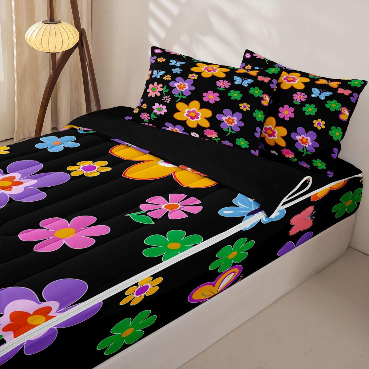 Feelyou Cute Flower Zipper Bedding for Kids Cartoon Botanical Floral Queen Comforter Set with Fitted Sheet 2 Pillowcases Aesthetic Flower Bed in a Bag Soft Lightweight Microfiber