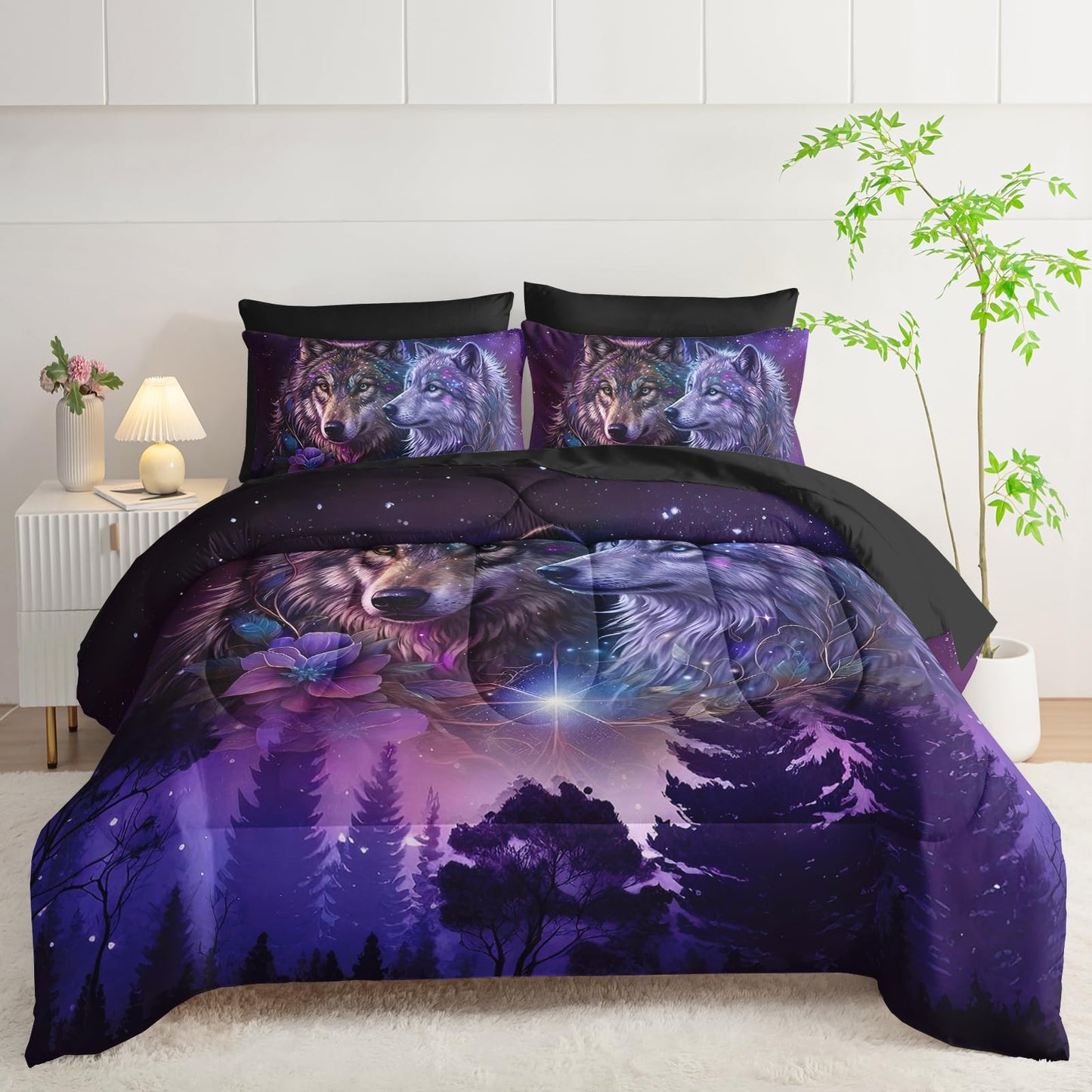 AILONEN Wolf Comforter Bedding Set Full Size,Purple Starry Night Galaxy Bed in a Bag,7Pcs Soft Microfiber Black Comforter,Fitted Sheet,Flat Sheet,2 Pillowcases,2 Pillow Shams