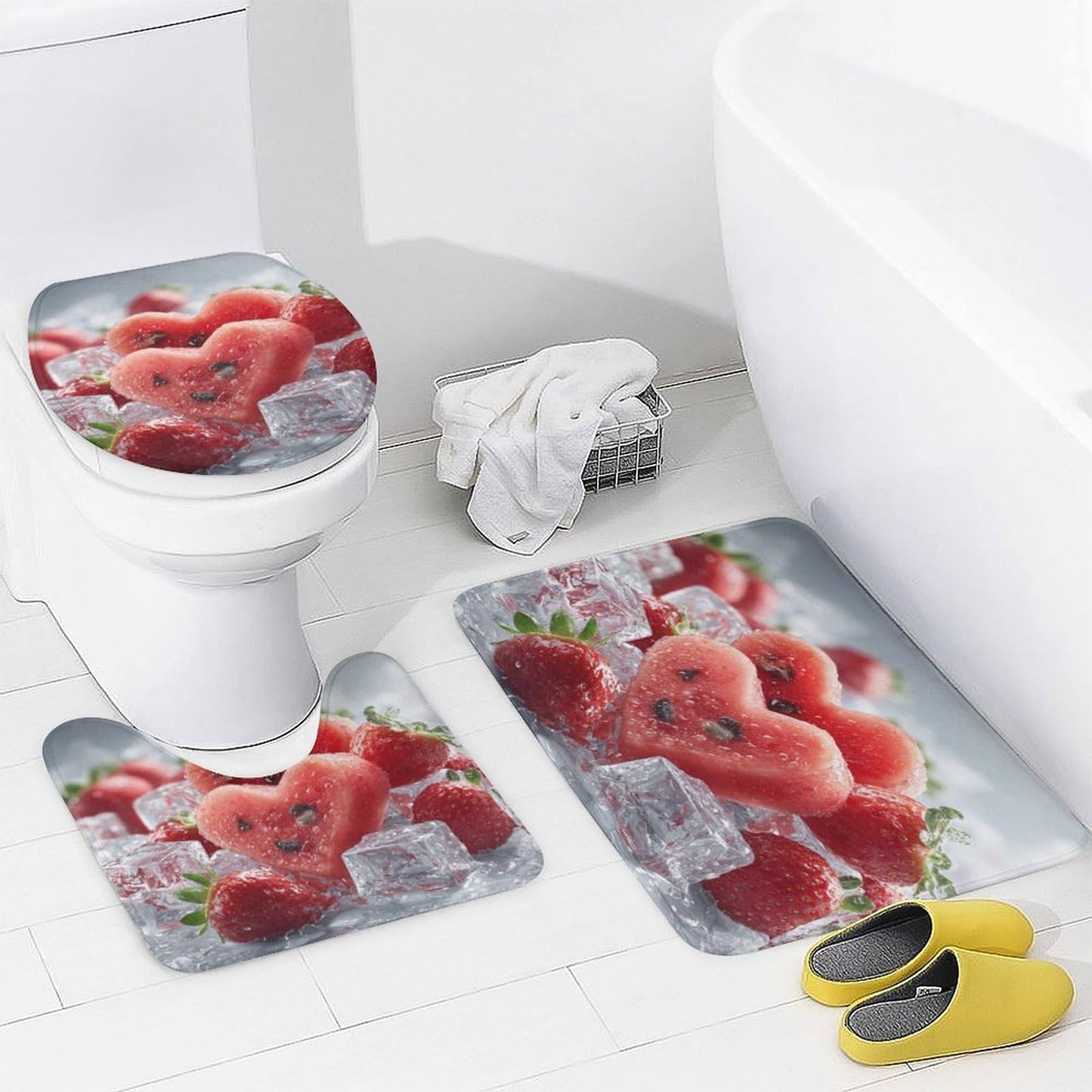 INSFBRB Rustic Colorful Watermelon Shower Curtain Sets with Rug,Toilet Lid Cover and Bath Mat,Realistic Modern Summer Ice Cubes Fruit Watermelon Strawberries 4 Piece Bathroom Set