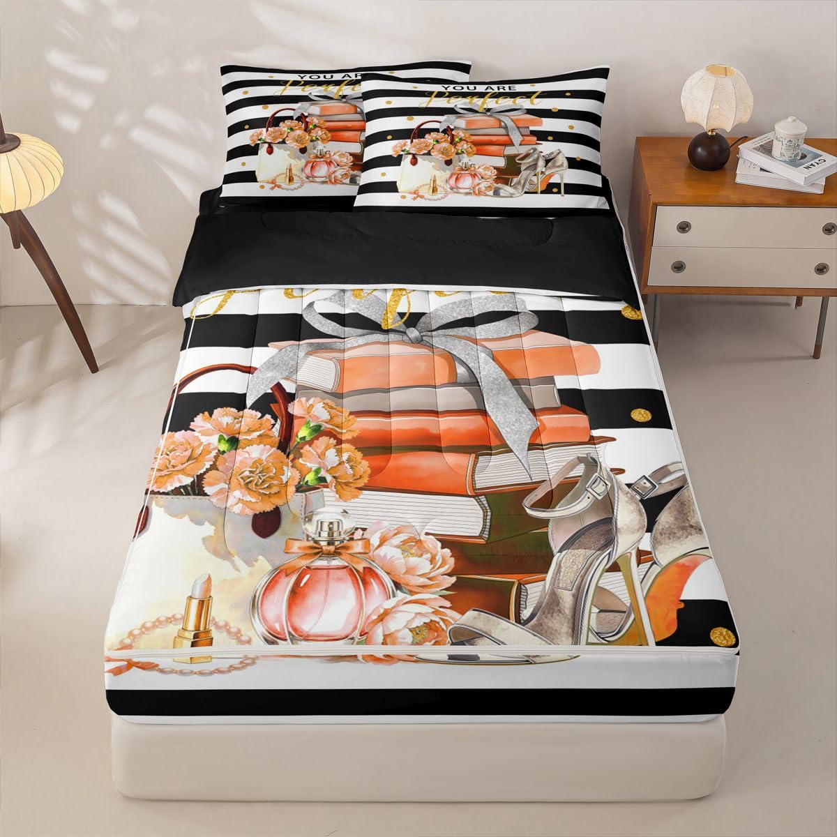 Feelyou Book Comforter Set Full Size Zipper Bedding Set for Girls Boys White Black Orange Comforter with Fitted Sheet, Pillowcases Perfume Zipper Bedding Soft Breathable Bed in a Bag