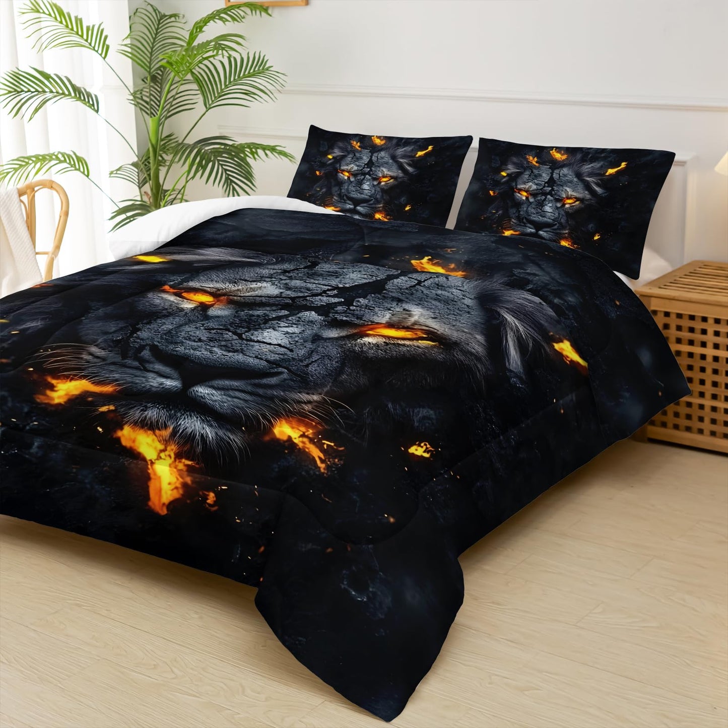 lneffble Black & Gold Twin Comforter Set Lion，Lion Twin Size Bedding Set，with 1 Comforter with 2 Pillow Case，Animal Bedroom Decor for Boys Kids Man