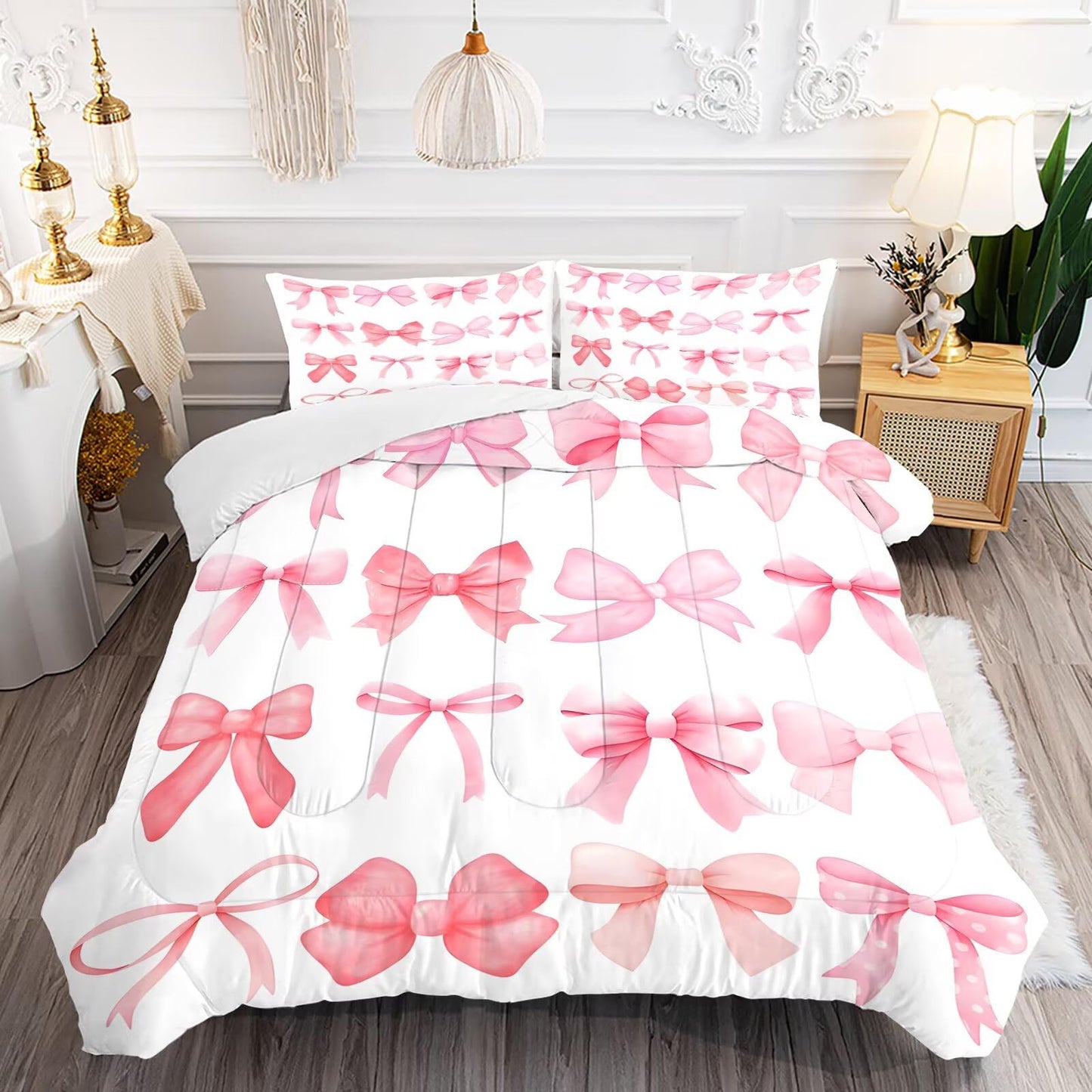 DJNEAR Pink and White Bow Comforter Set Twin Size Cute Girls Bedding Sets for Kids Women Adults Bedroom Kawaii Bowknot Quilt Room Decor 1 Comforter 1 Pillowcase