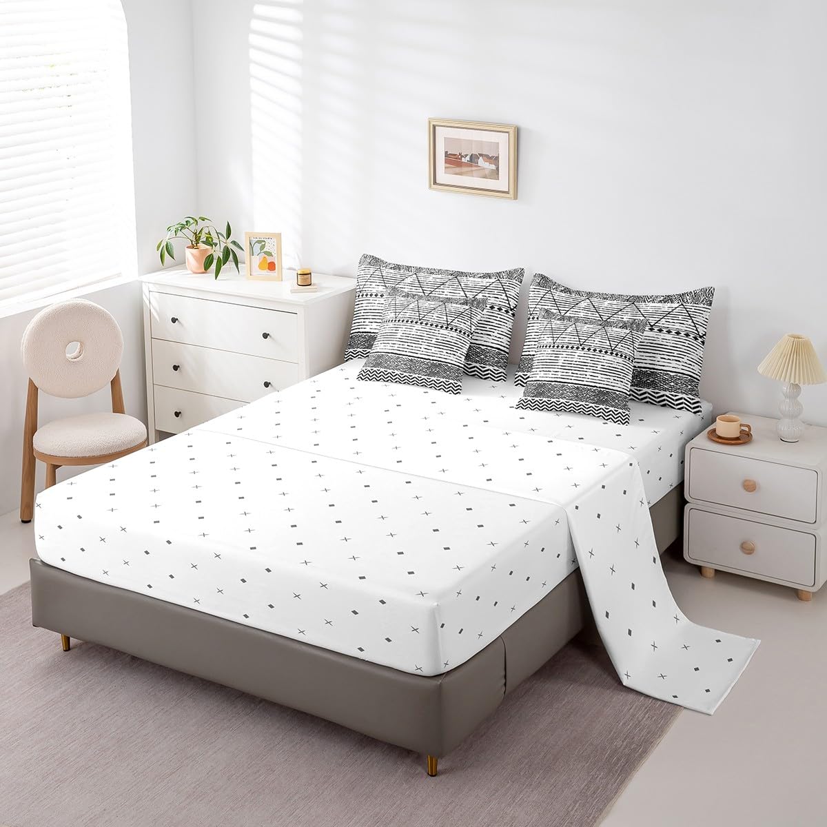 Bohemian Full Size Bed Sheets and Comforter Set,Grey Boho Aztec 7 Piece Bedding Set Geometric Tribal Striped Bed in a Bag,Nordic Ethnic Lines Western Bed Sets